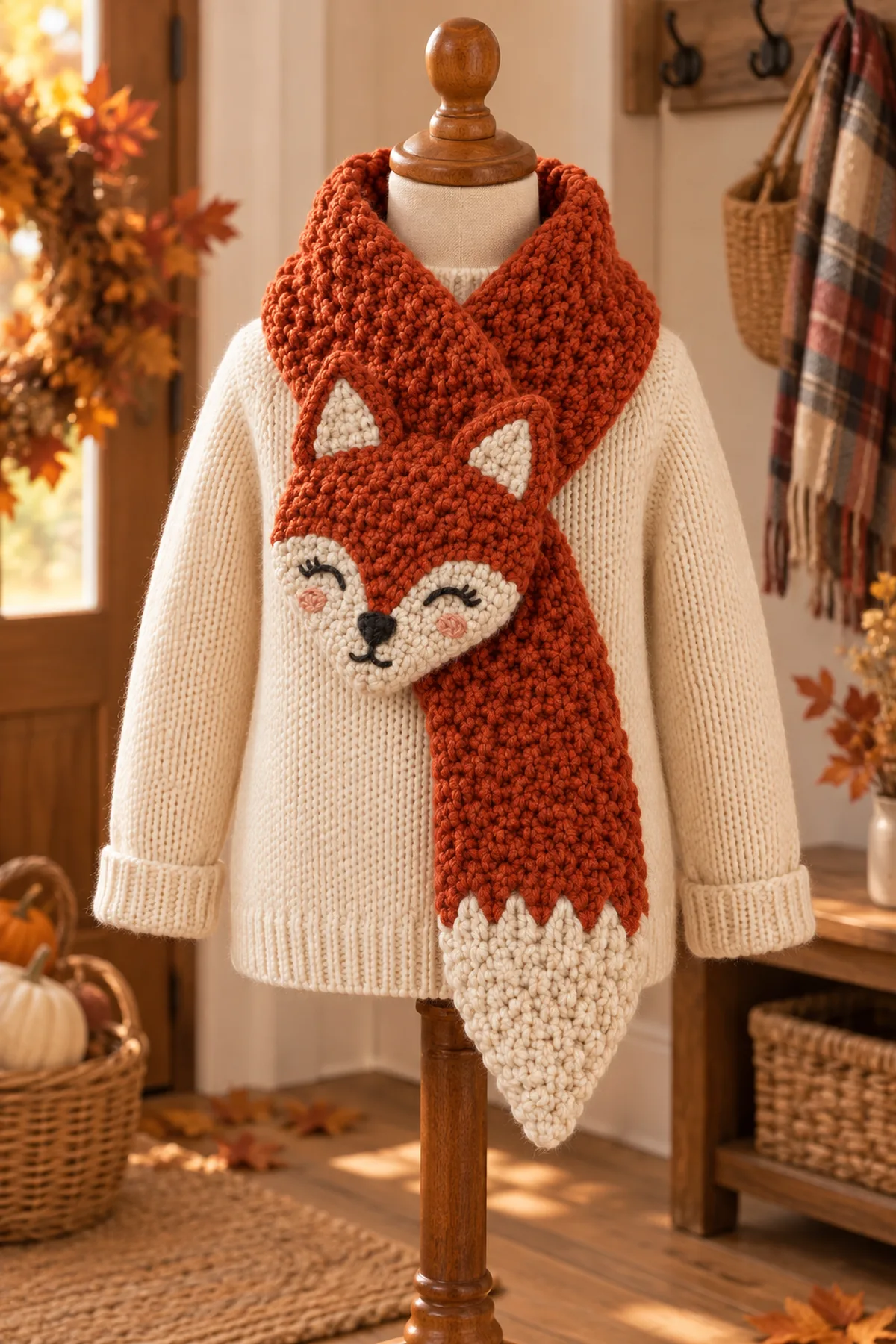 Completed copper and oatmeal fox-tail scarf displayed on a child-size wooden dress form over a plain sweater, with the tapered tail passed through the hidden keeper and no child present