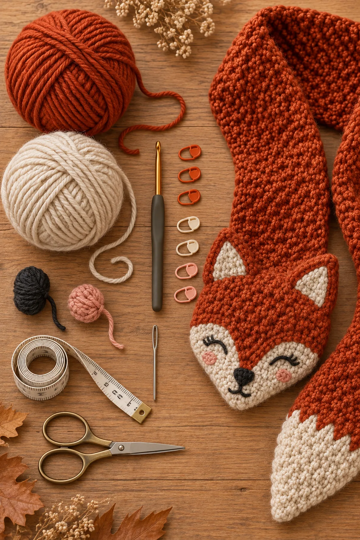 Copper and oatmeal worsted washable yarn, small charcoal and blush embroidery yarn, 5 mm crochet hook, seven stitch markers, tape measure, yarn needle, and scissors for a kids fox-tail scarf