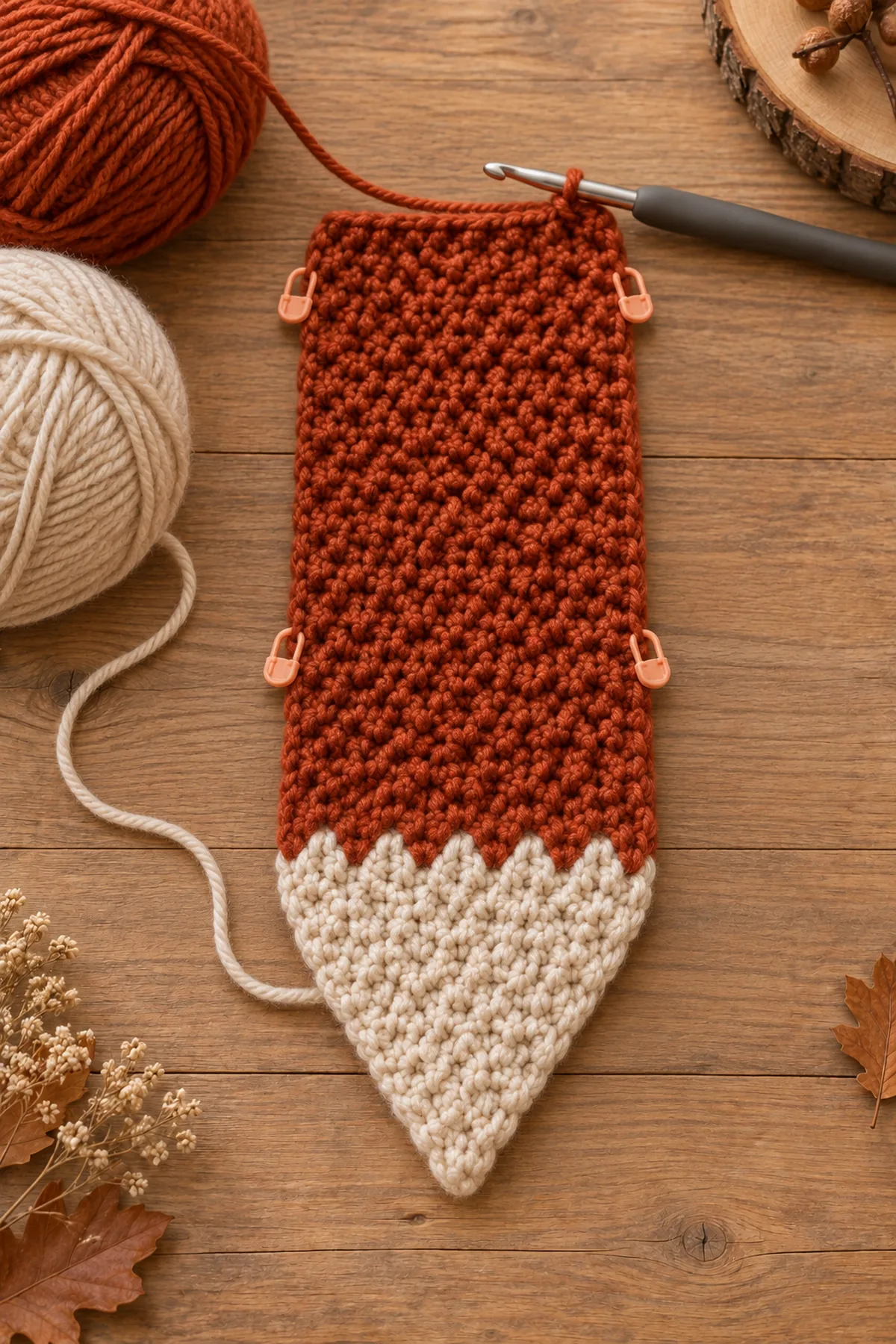 One-piece scarf in progress showing the oatmeal tail tip increased from 3 to 21 stitches and the first copper lemon-peel body rows beside a 5 mm hook and edge markers