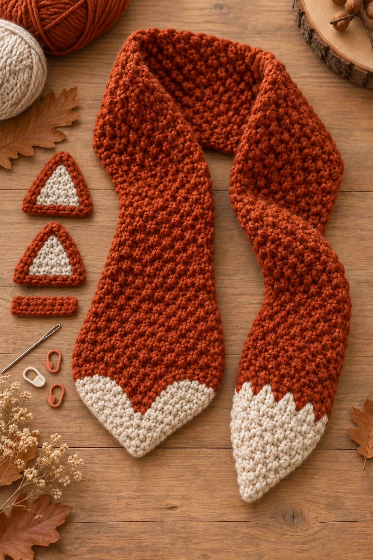Broad copper fox-face end widened to 27 stitches and tapered to an oatmeal muzzle beside two layered triangular ears and a separate flat copper keeper strip before assembly