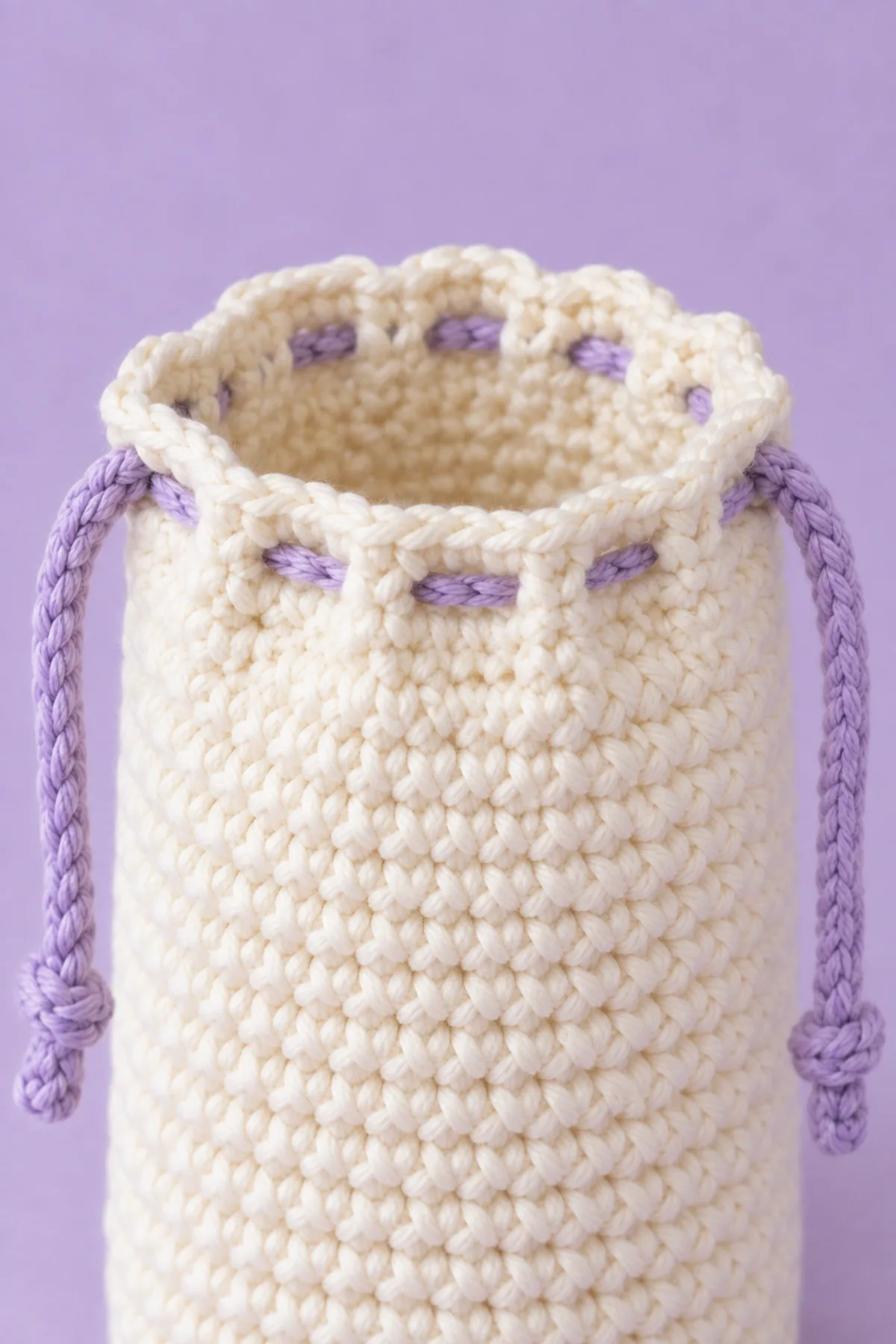 Close view of cream crochet pouch eyelet rim with two lavender chain cords woven alternately through visible spaces, opposed drawstring exits and cream sc upper lip, no beads, realistic yarn texture
