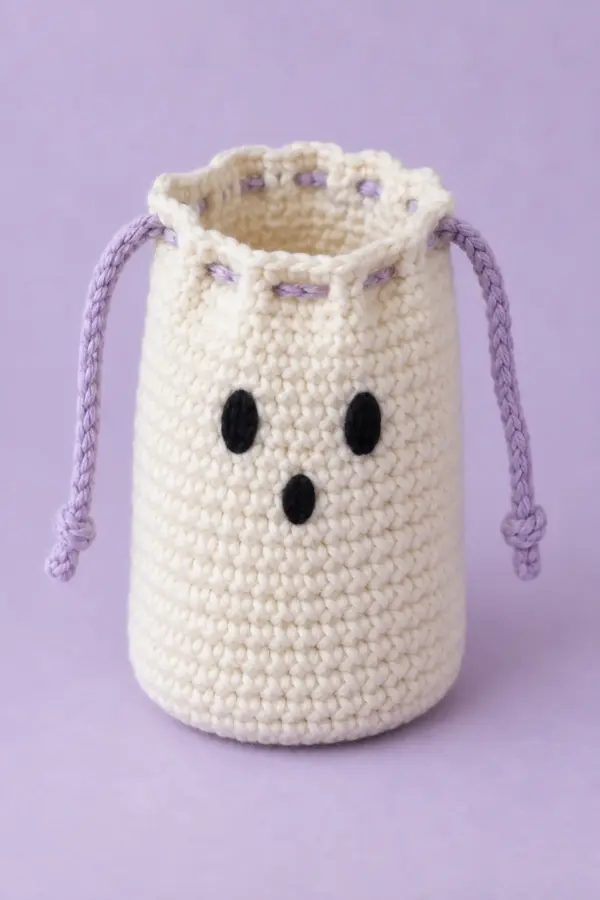 One small cream single-crochet ghost drawstring gift pouch, hollow cylindrical body with flat circular base, two tiny black embroidered oval eyes and smaller oval mouth, two lavender chain drawstrings exiting opposite sides of twelve-eyelet rim. Opening partly open showing empty interior, about 3.4 inches wide and 4.7 inches tall, no stuffing, no arms, no skirt, no beads, pale lavender background