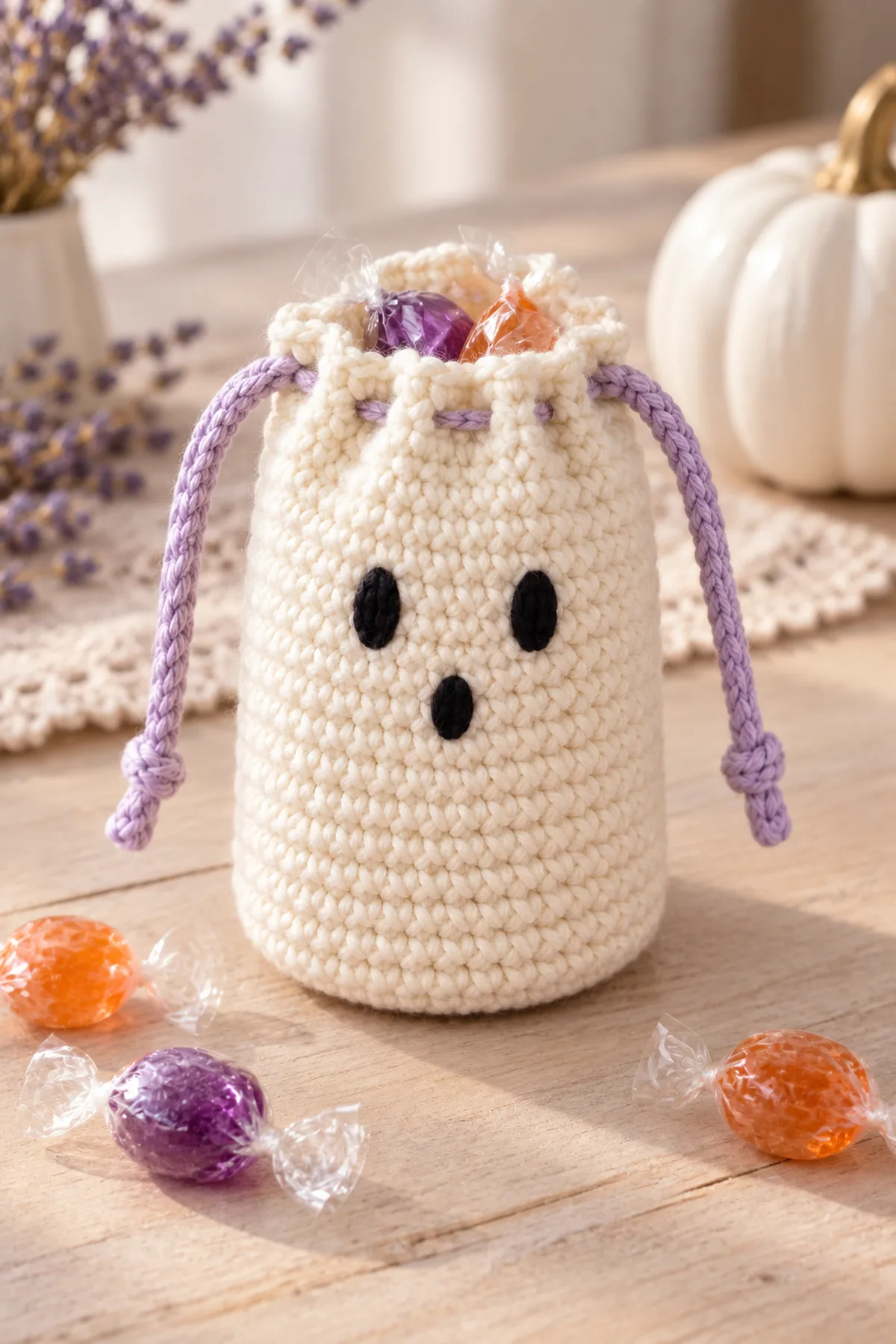 Same cream embroidered ghost pouch with lavender opposed drawstrings, slightly gathered top around a few individually wrapped sweets on a pale wooden gift table, no bare food, no child, no stuffing or arms