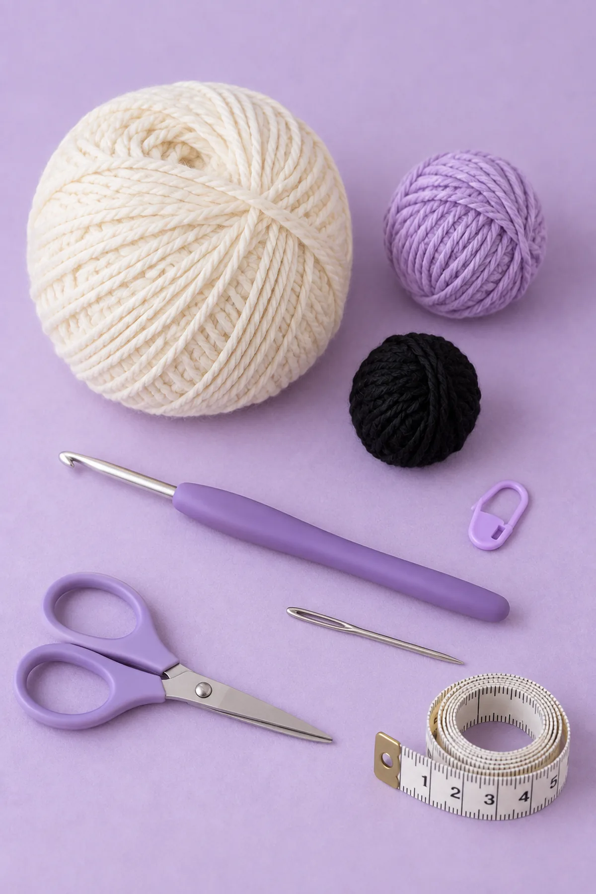 Cream worsted cotton, small lavender and black cotton balls, 4 mm hook, marker, yarn needle, scissors and tape measure on pale lavender surface. Supplies only, no finished pouch