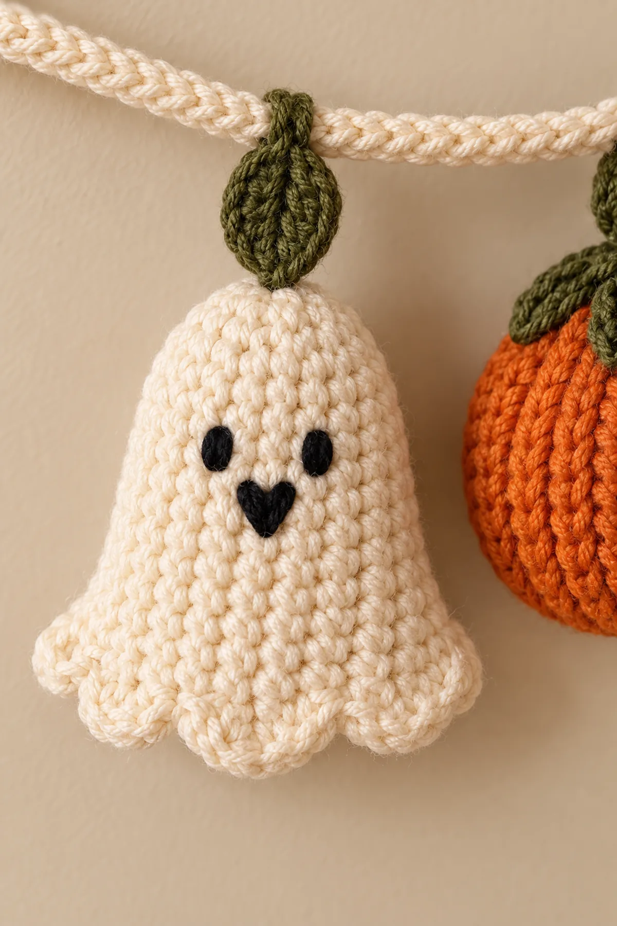 Close-up of double-sewn ghost and leaf attachment through a doubled cream garland cord with secure embroidery and no hard parts