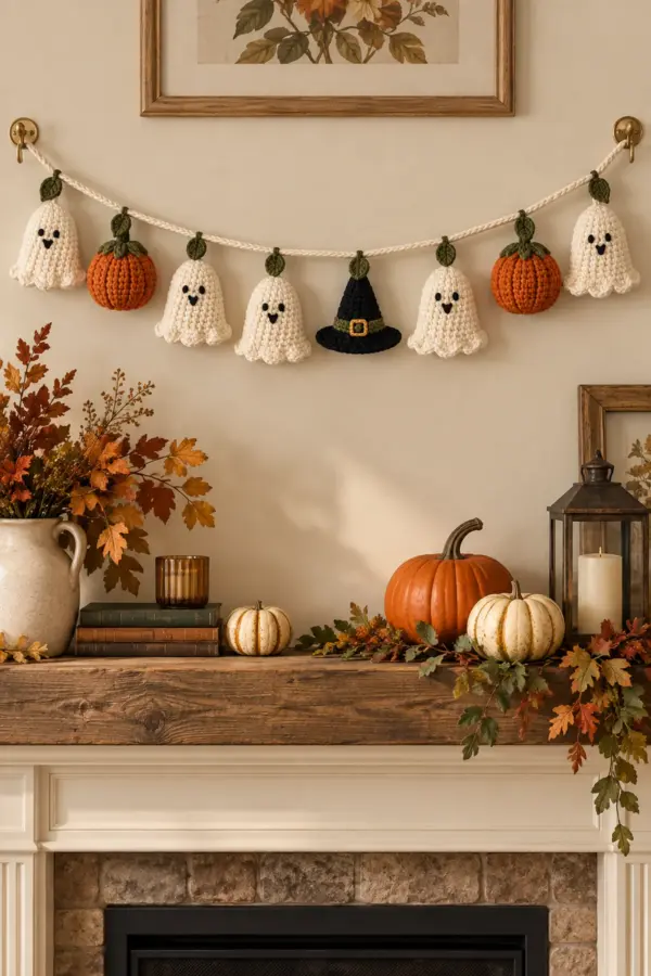 Finished original 60-inch crochet Halloween garland with five cream scalloped ghosts, two ribbed orange pumpkins, one central flat black witch hat, and eight olive leaves on a doubled cream cord