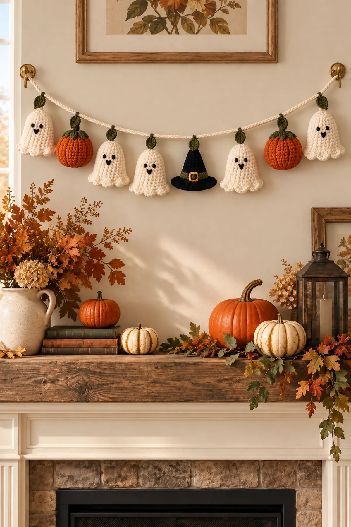 Completed ghost pumpkin and witch-hat crochet garland securely displayed high on an autumn mantel wall with no child or crib present