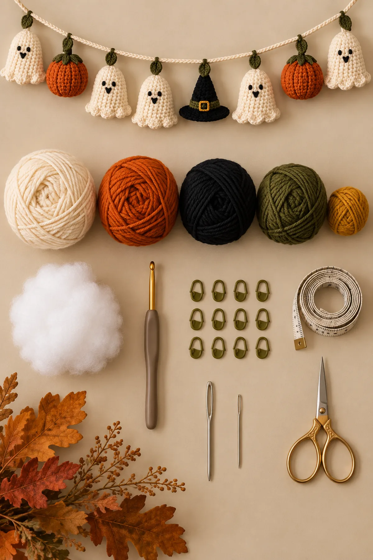 Cream orange black olive and gold worsted yarn, 4 mm hook, stuffing, markers, tape measure, needles, and scissors for a ghost garland