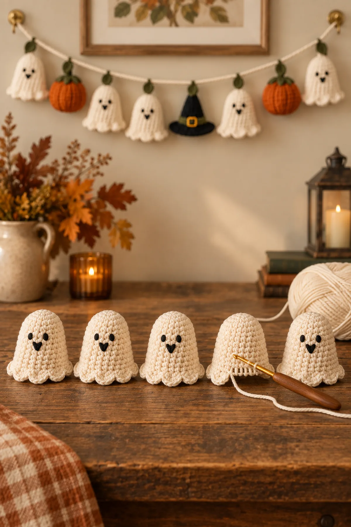 Five matching closed cream crochet ghost bodies with embroidered faces, lower front loops, and one partly worked scalloped skirt