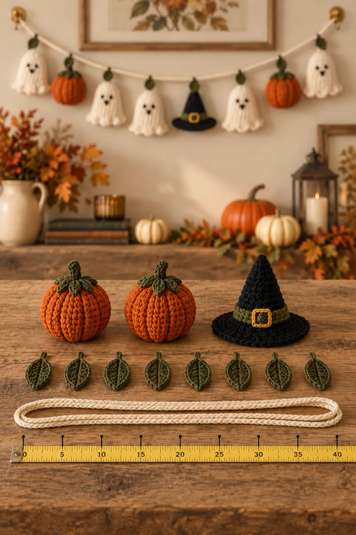Two ribbed orange pumpkins, one flat black witch hat with embroidered band and buckle, eight olive leaves, and measured doubled cream cord before assembly
