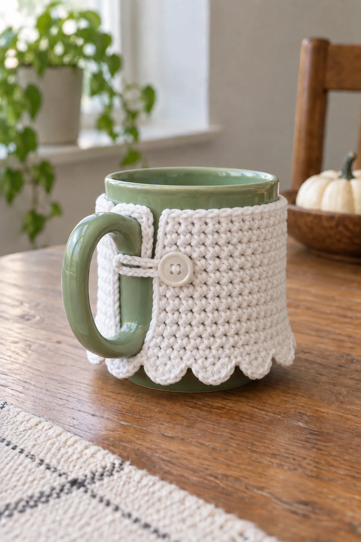 Rear-side close view of white cotton ghost mug cozy fitted on sage ceramic mug: short band ends leave a gap beside open handle, white yarn loop passes through clear handle opening to a small sewn button offset beside handle, handle grip clear, drinking rim exposed