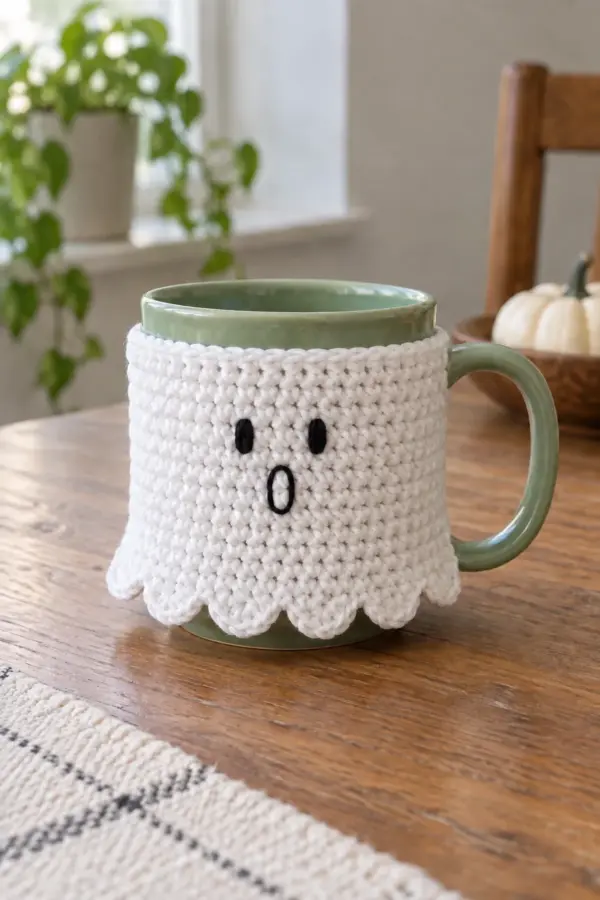 White cotton single-crochet ghost mug wrap fitted on a plain sage ceramic mug, seven gentle shell scallops along lower edge, two short black embroidered eyes and a small open oval surprised mouth centered on front, ceramic drinking rim exposed, mug handle completely visible on right, scallops clear of table, no stuffed toy