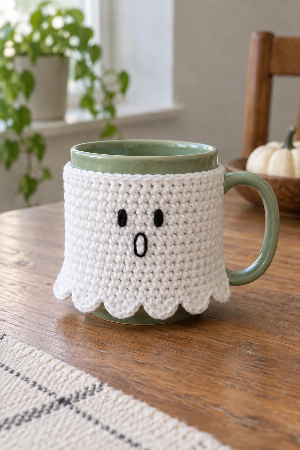 White cotton single-crochet ghost mug wrap fitted on a plain sage ceramic mug, seven gentle shell scallops along lower edge, two short black embroidered eyes and a small open oval surprised mouth centered on front, ceramic drinking rim exposed, mug handle completely visible on right, scallops clear of table, no stuffed toy