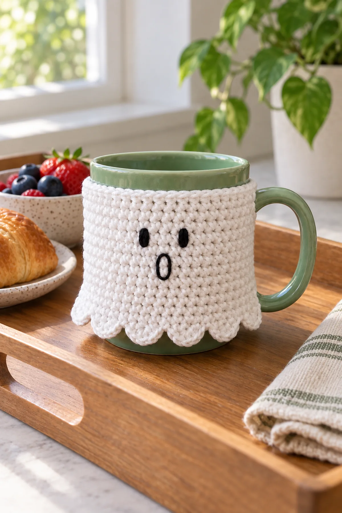 Sage ceramic mug wearing finished white scallop-hem ghost crochet cozy with two black embroidered eyes and open oval mouth, on a clean breakfast tray with handle visible and upper drinking rim uncovered, calm morning daylight, no person and no candle