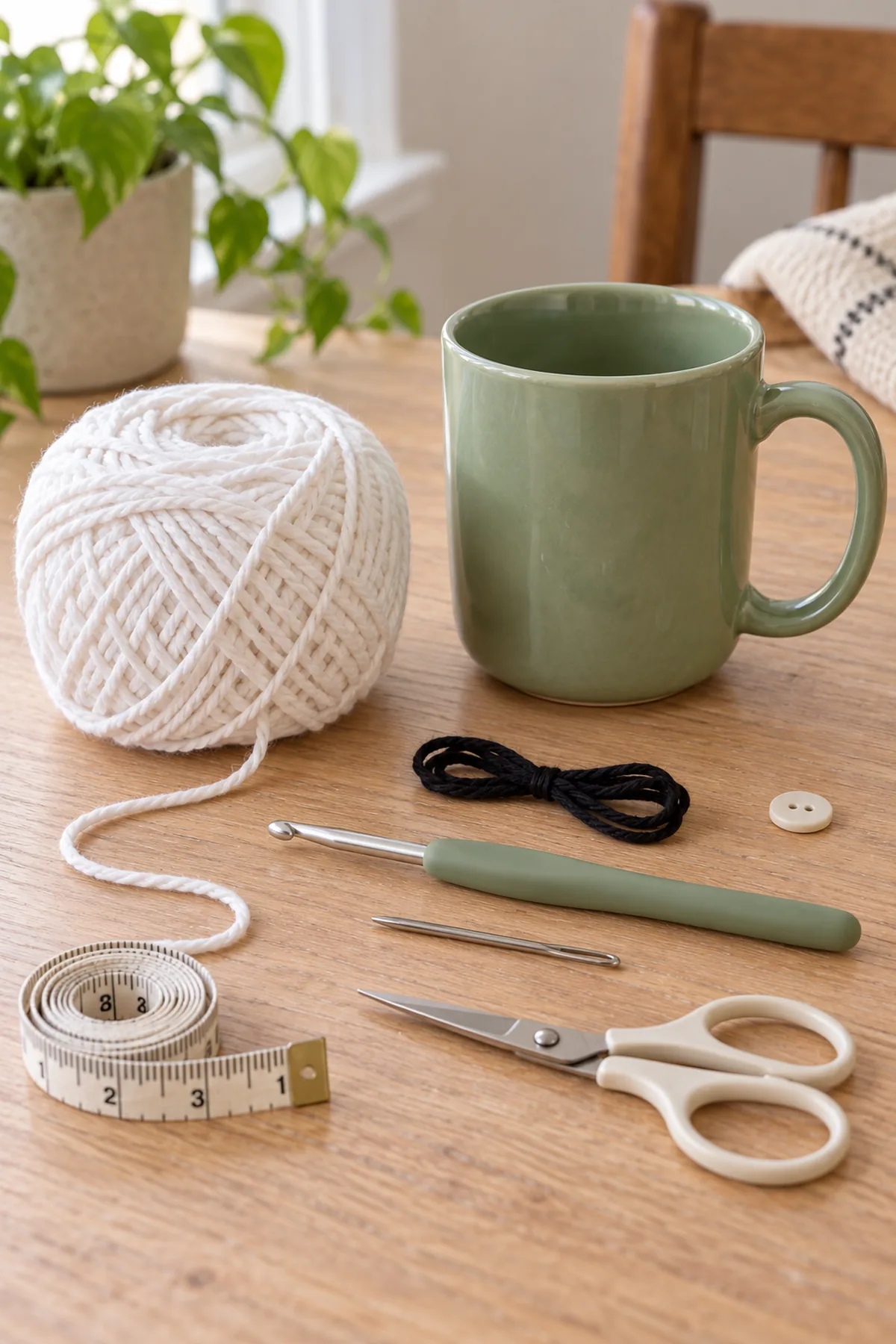 Only white worsted cotton, a small black embroidery yarn length, 4 mm hook, needle, scissors, tape measure, one small plain button and an empty sage ceramic mug on pale warm tabletop; no finished crochet