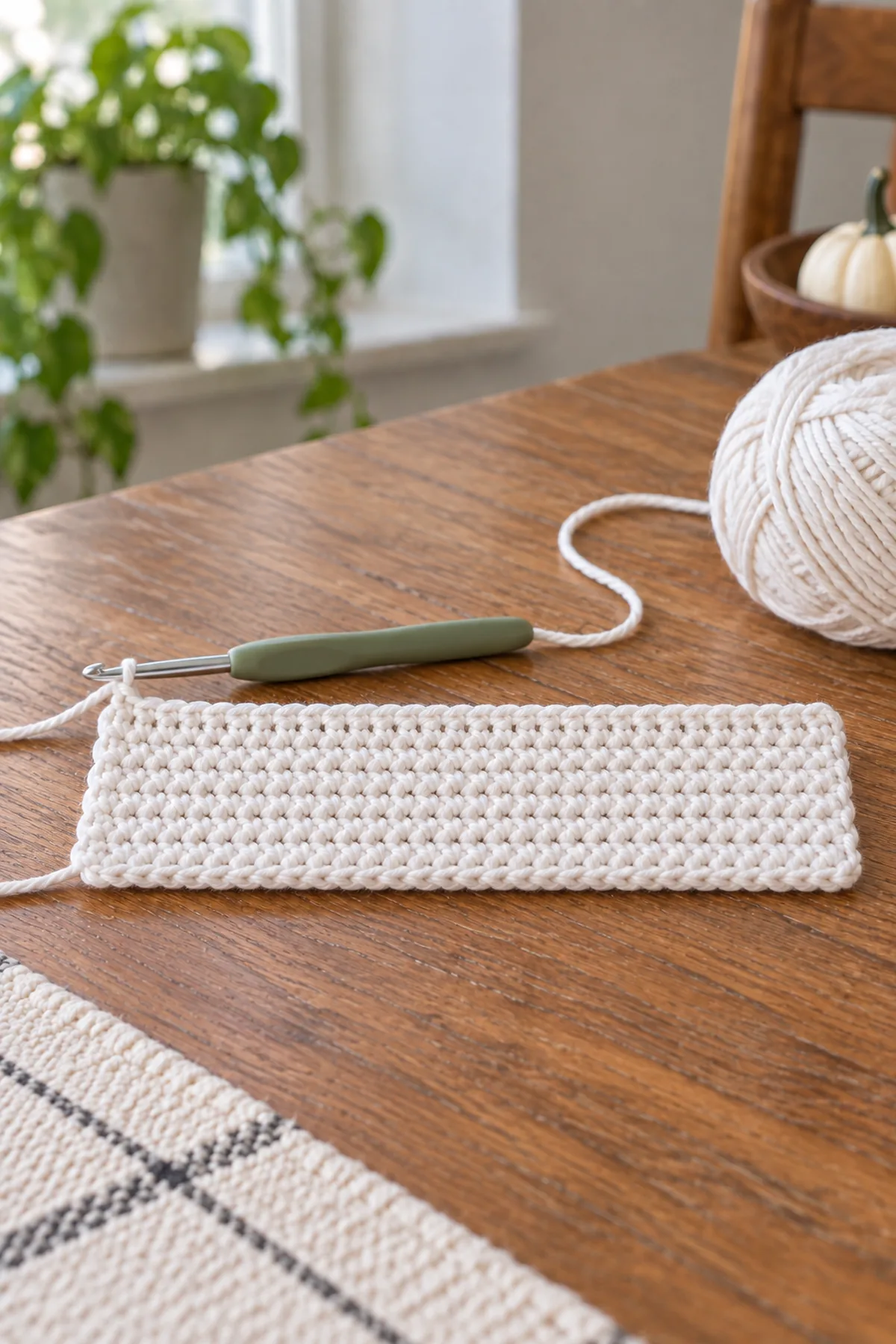 A long narrow flat white single-crochet rectangle about five times as wide as tall, ten even rows, straight edges, still on hook; no scallops, no face, no button and no mug covering yet