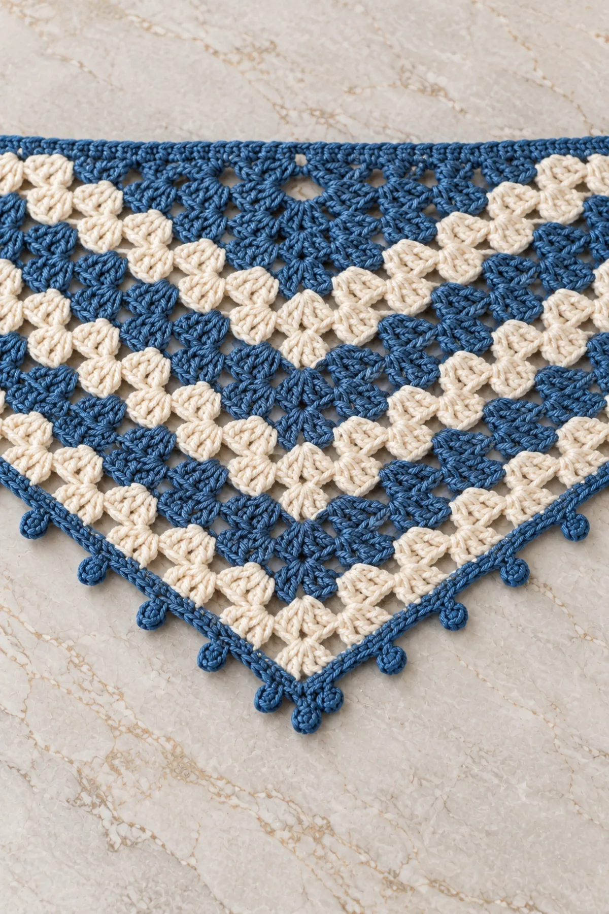Close crop of denim single crochet and tiny picot edging around one lower cream granny-stripe scarf edge, three-dc groups and open spaces visible, no fringe