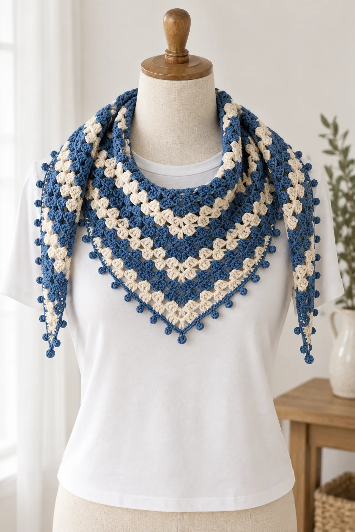 Same shallow denim blue and cream granny-stripe triangle scarf loosely draped with point down on an adult neutral torso dress form over a plain white shirt, tiny denim picot edging, long wings resting at shoulders, no human