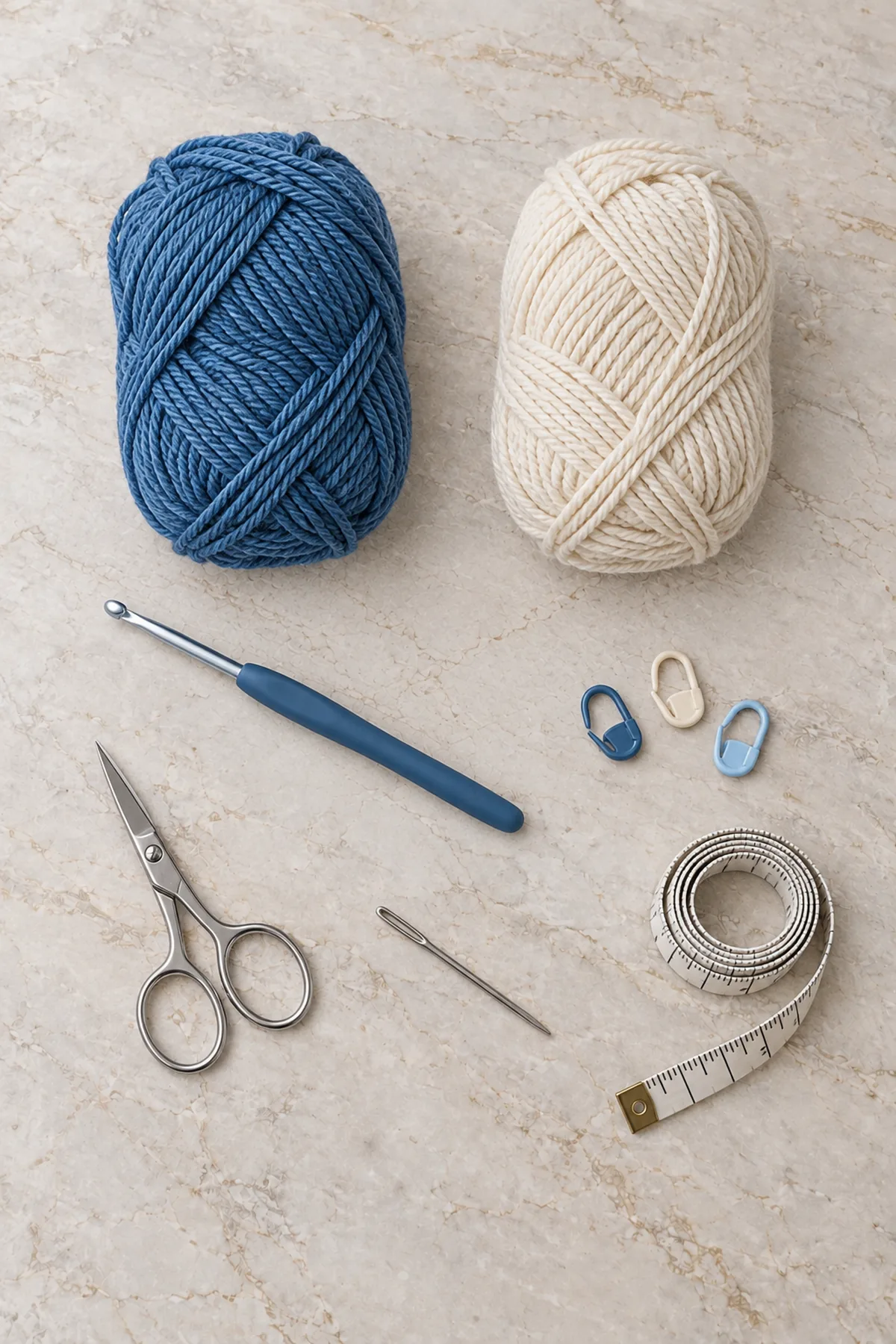 Only denim blue and cream DK yarn, 4 mm hook, three markers, needle, scissors and tape measure on pale stone, no finished crochet