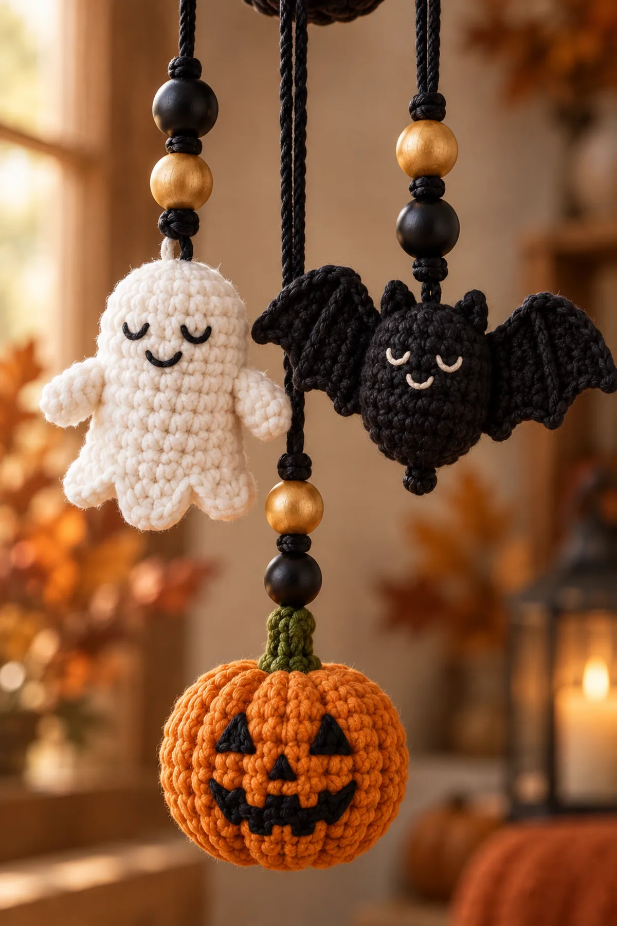 Close-up of a securely embroidered ghost, bat, and pumpkin beside a black-and-gold wooden bead trapped between tight knots on a doubled hanging cord