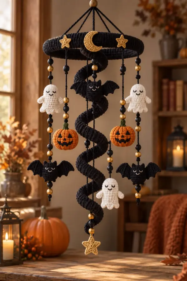 Finished original crochet Halloween hanging mobile with a wrapped black ring, long black corkscrew spiral, gold crescent moon and stars, three white ghosts, three black bats, three orange jack-o’-lantern pumpkins, and securely knotted black-and-gold wooden beads