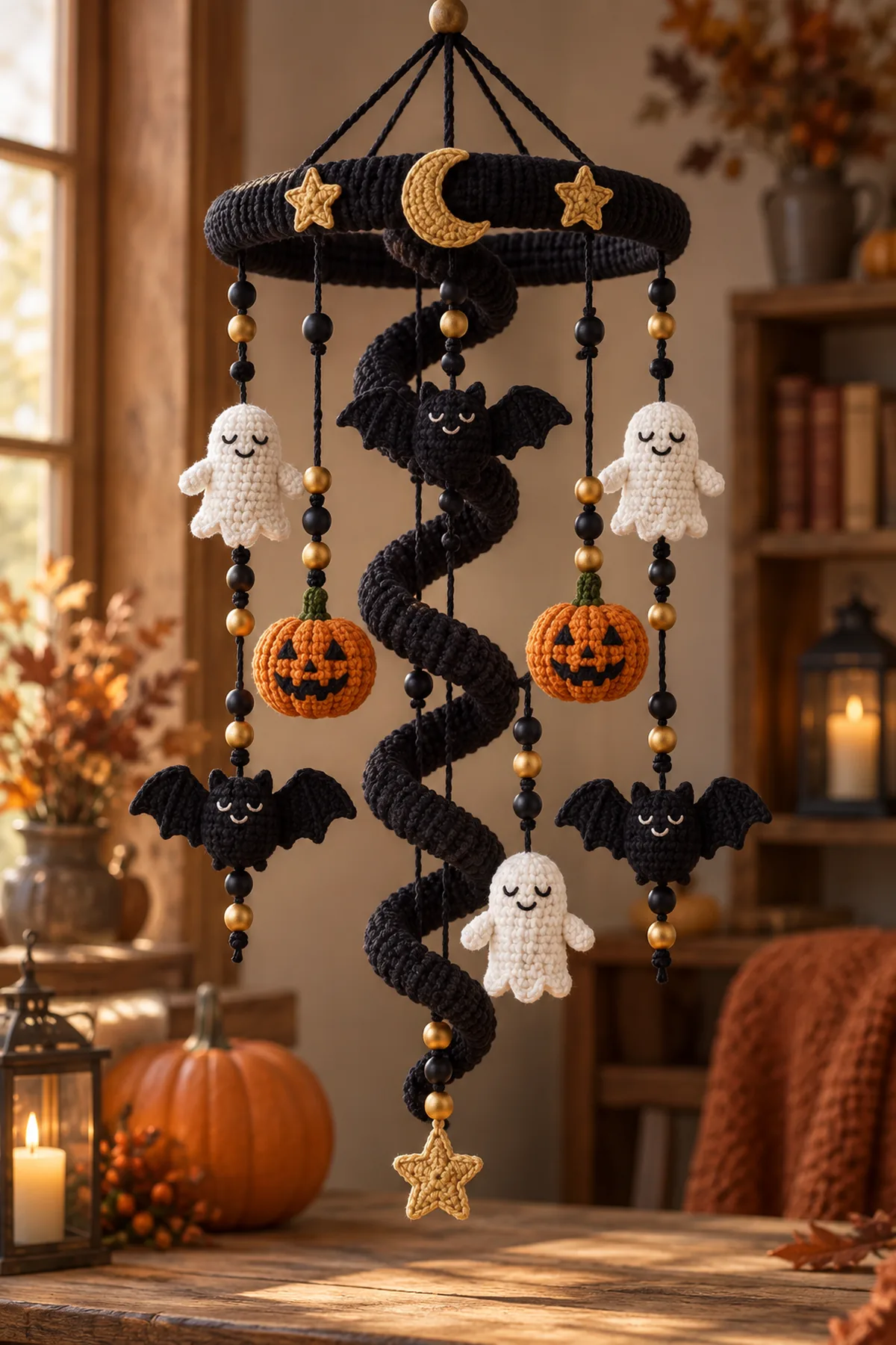 Finished original crochet Halloween hanging mobile with a wrapped black ring, long black corkscrew spiral, gold crescent moon and stars, three white ghosts, three black bats, three orange jack-o’-lantern pumpkins, and securely knotted black-and-gold wooden beads