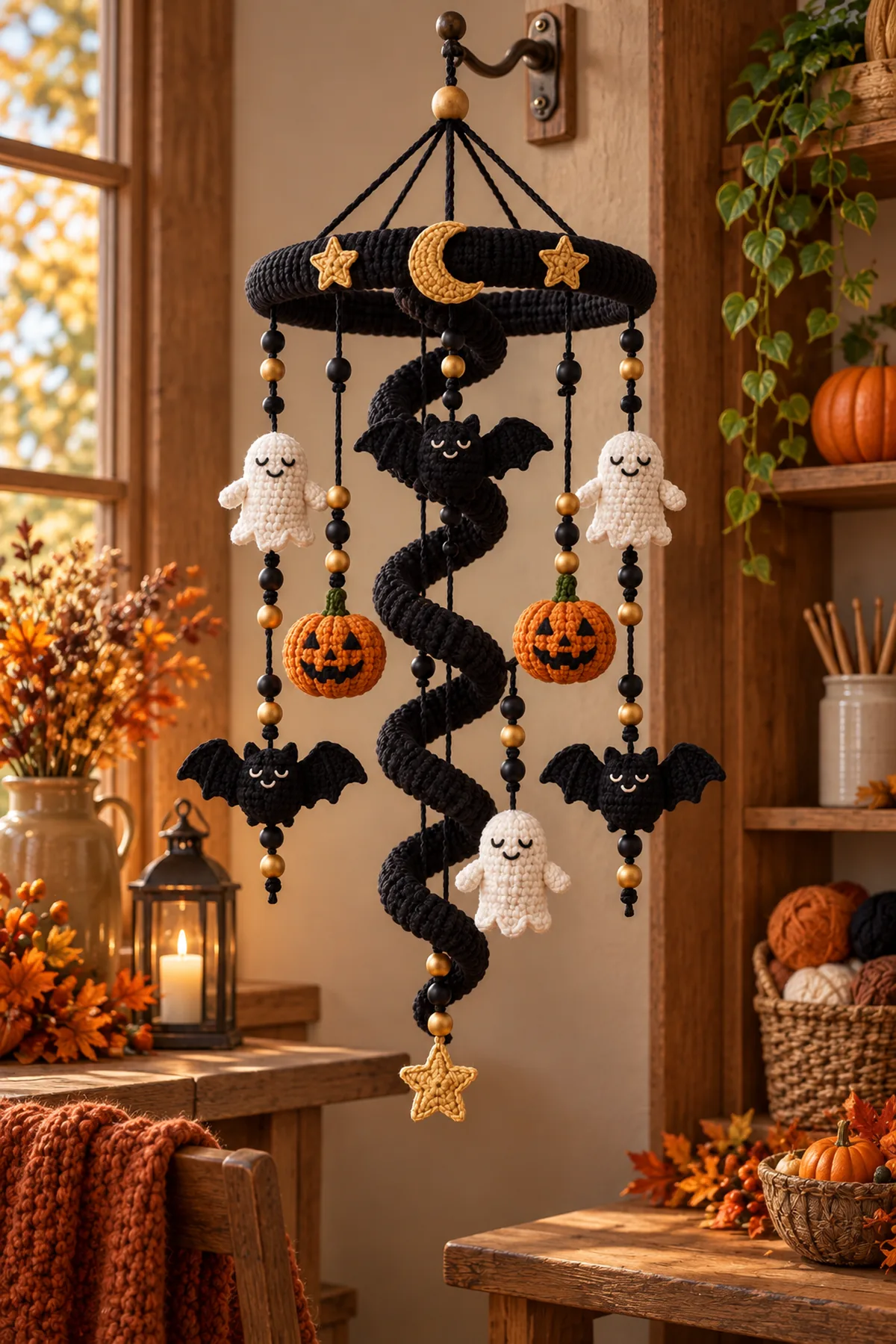 Completed crochet Halloween hanging mobile securely displayed from a closed hook in an autumn studio setting, with the black spiral and all original motifs hanging freely and no child or crib present