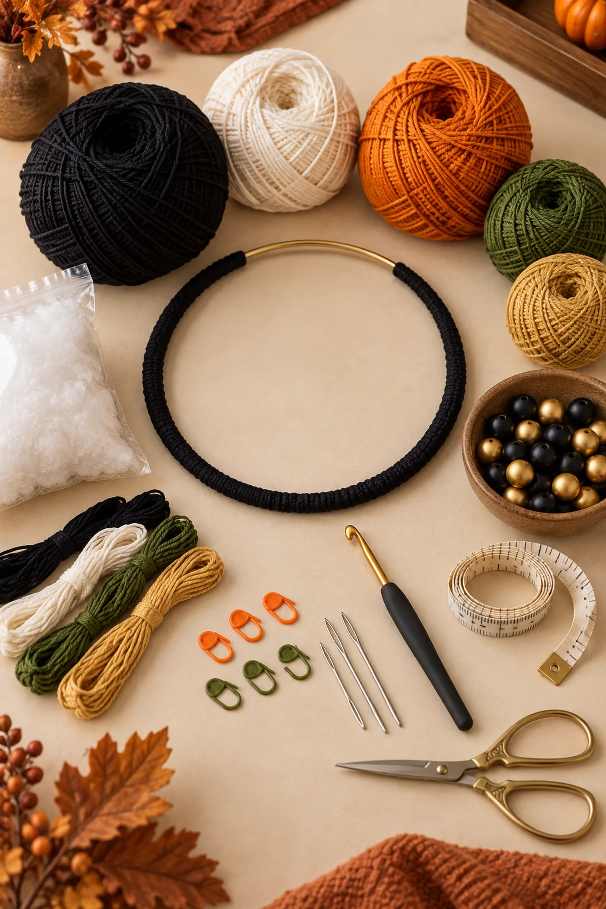 Black, white, orange, green, and muted-gold DK cotton yarn, 3.5 mm hook, 10-inch metal craft ring, painted wooden beads, stuffing, embroidery yarn, markers, tape measure, needles, and scissors for a Halloween hanging mobile