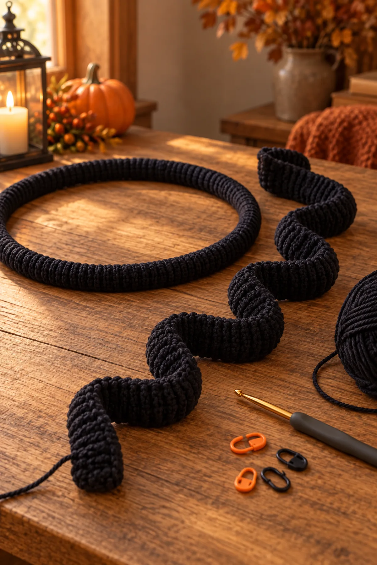Long black crochet corkscrew made with three half double crochets in each of 180 foundation chains beside a fully yarn-wrapped black 10-inch ring