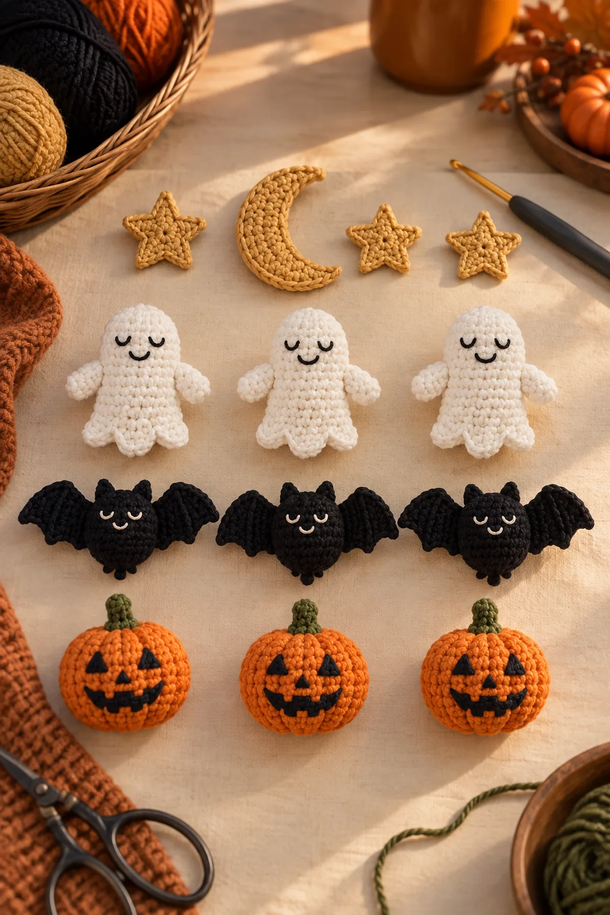 Original gold crescent and stars, white mini ghosts, black bats with mirrored wings, and orange ribbed jack-o’-lantern pumpkins arranged before mobile assembly