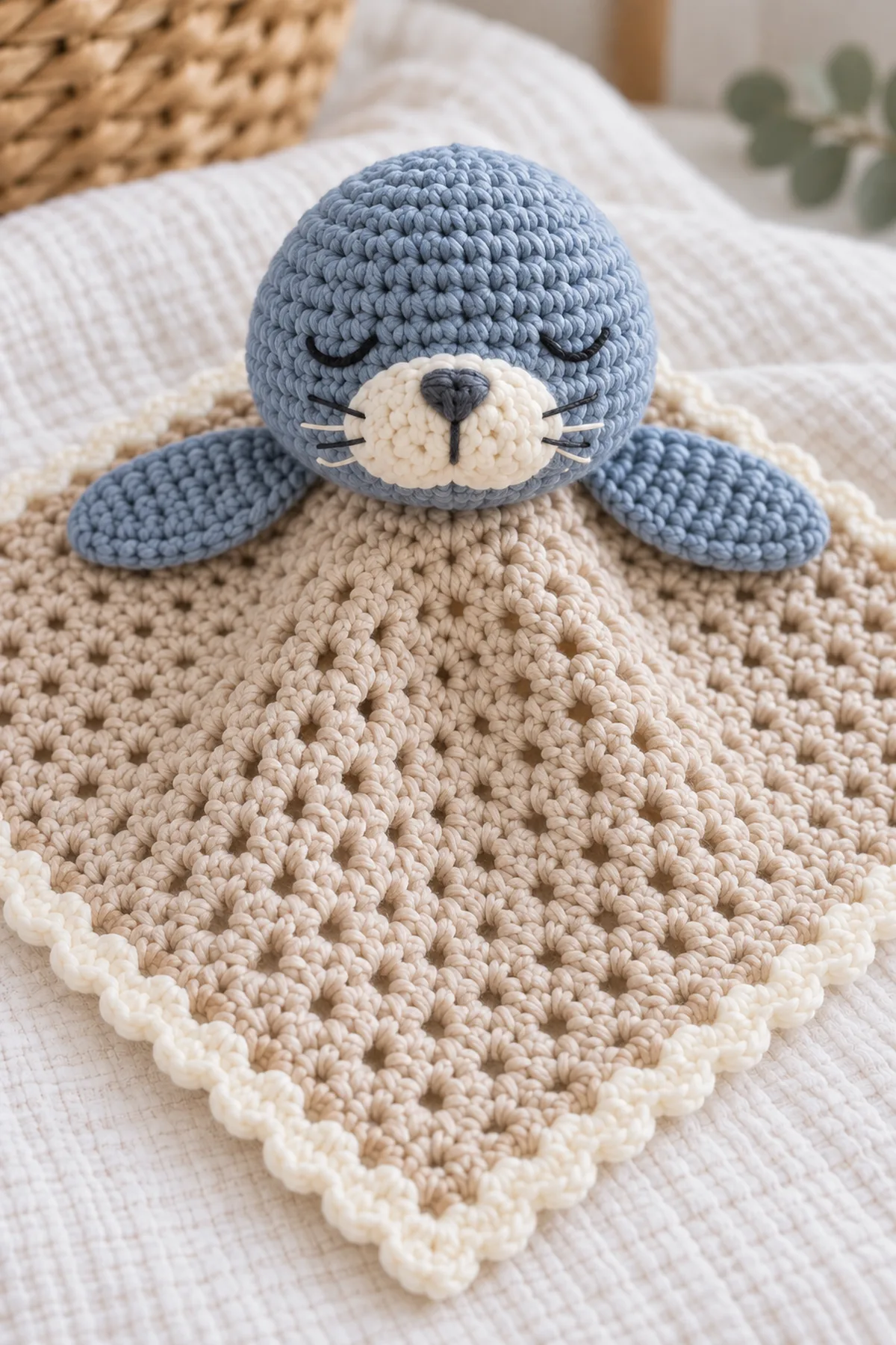 Close view of embroidered sleepy seal face, cream muzzle, flat flipper seams, border, and reinforced center join
