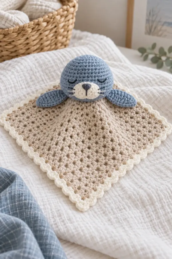 Finished pale-sand crochet baby lovey with cream border and centered harbor-blue seal head with flat side flippers