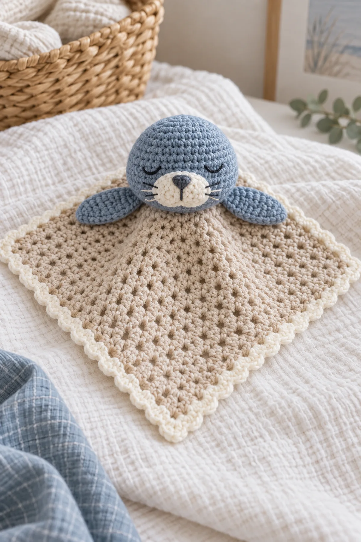 Finished pale-sand crochet baby lovey with cream border and centered harbor-blue seal head with flat side flippers