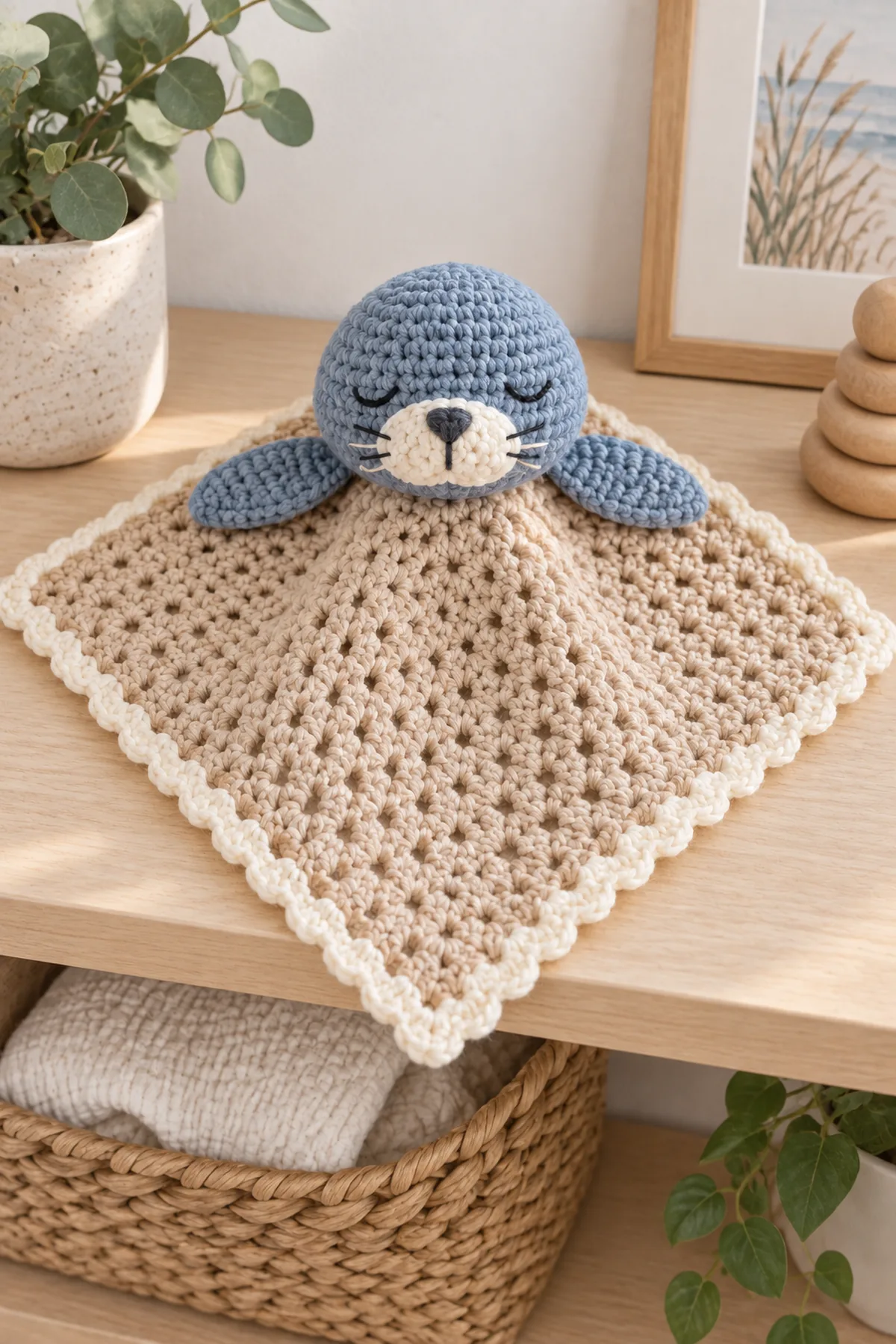 Finished harbor seal baby lovey arranged flat on a neutral nursery shelf without a baby or crib
