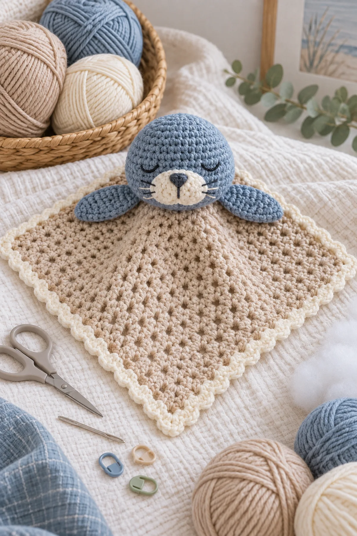 Pale-sand harbor-blue and cream DK yarn, 3.5 mm hook, washable stuffing, markers, needle, and scissors