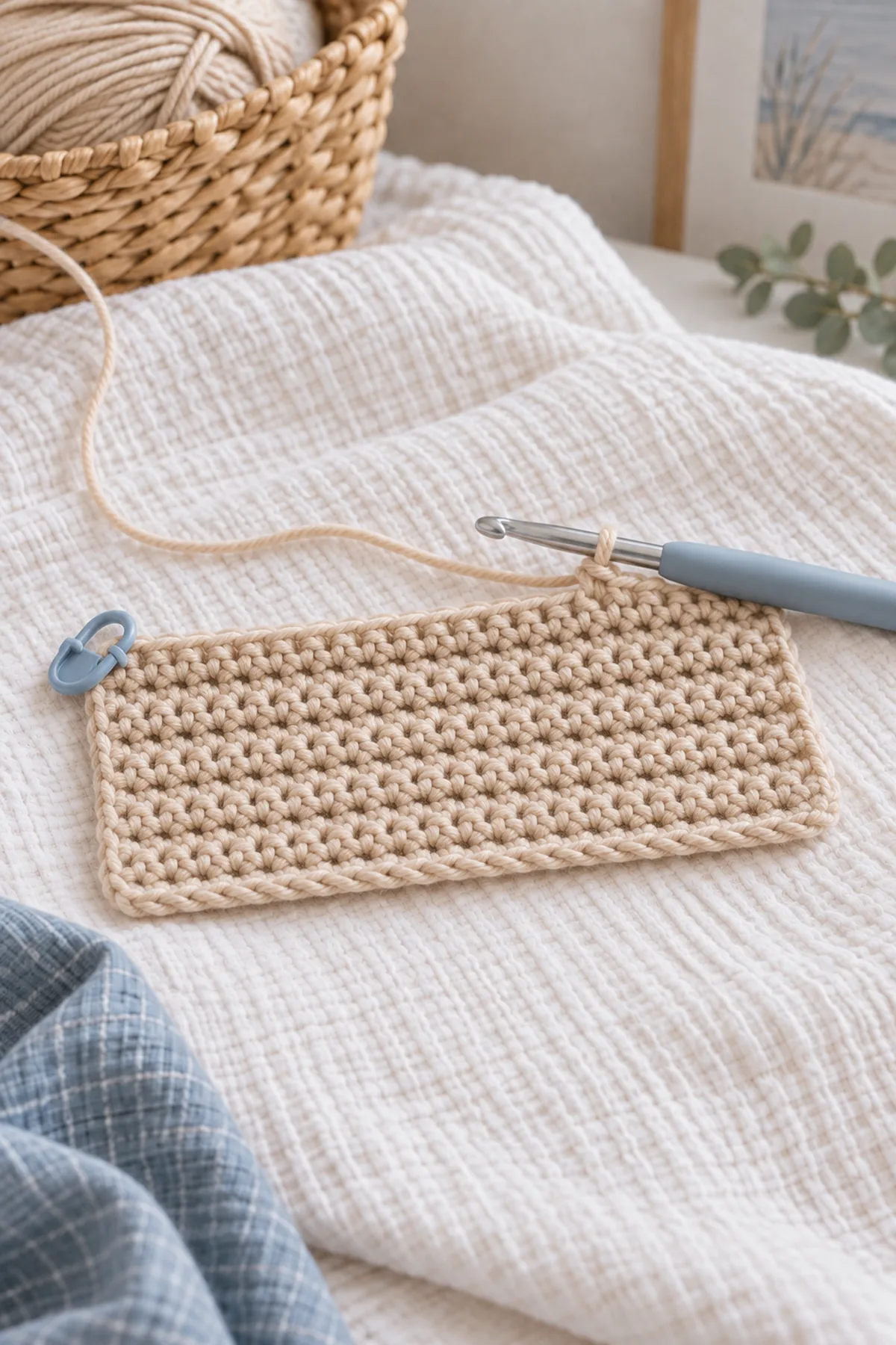 Early pale-sand 42-stitch single-crochet lovey square in straight turned rows