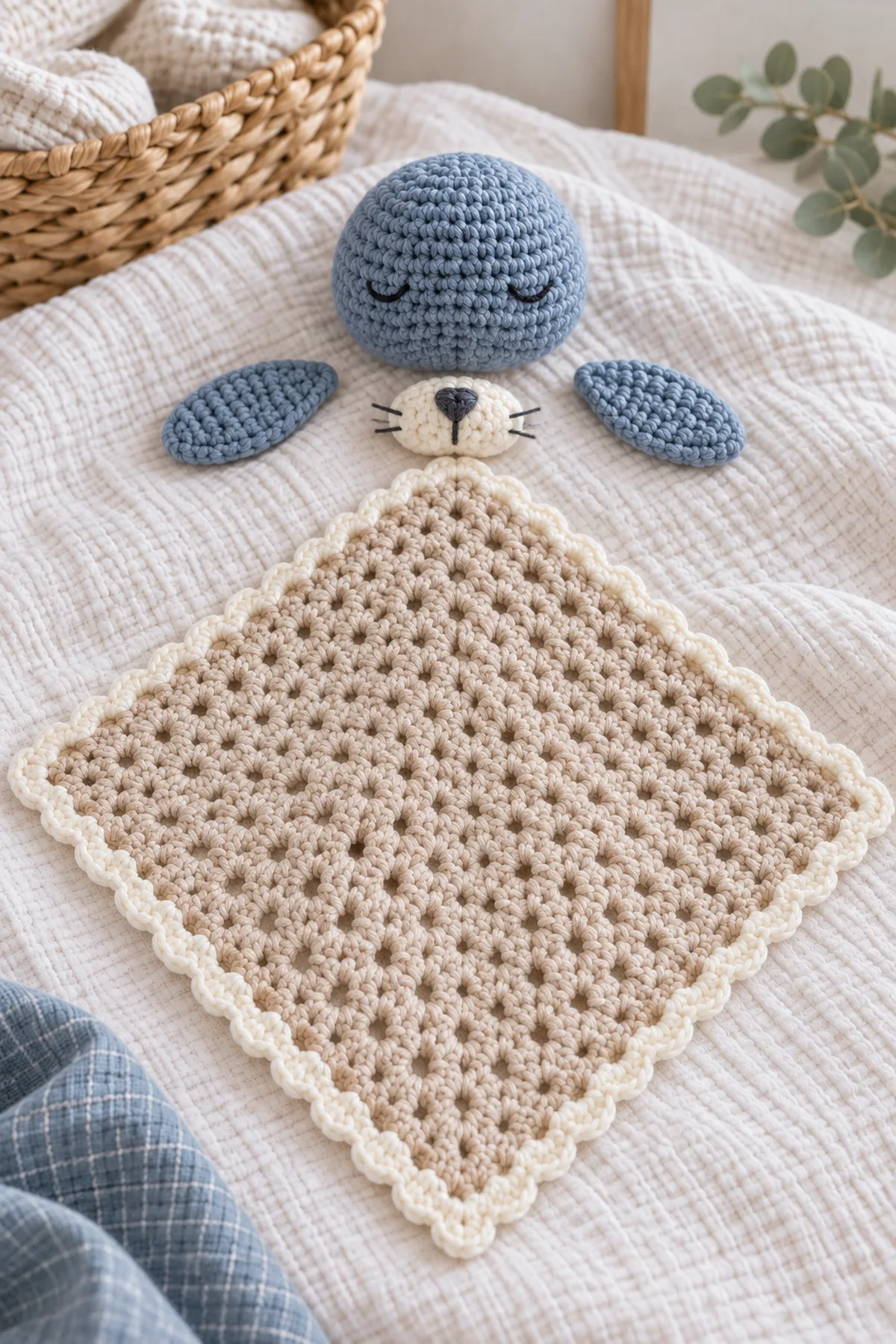 Blocked sand lovey square beside separate blue seal head, two flat flippers, and cream muzzle before assembly