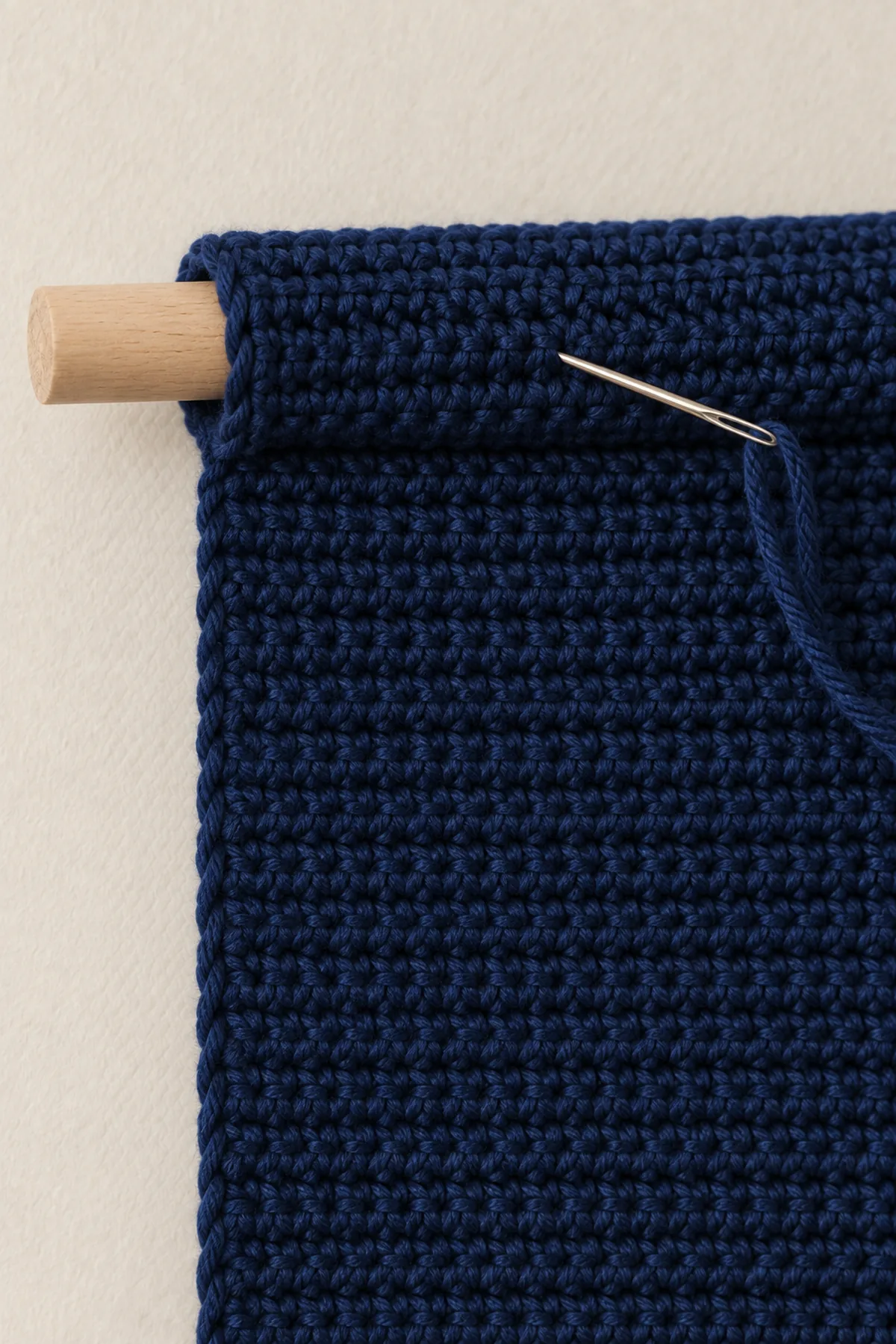 Close view of the reverse upper edge of midnight-blue crochet wall banner showing six-row fabric extension folded to make a sewn open-ended dowel sleeve, wooden dowel entering sleeve, needle and short matching navy sewing tail; no front motif visible in this reverse close crop