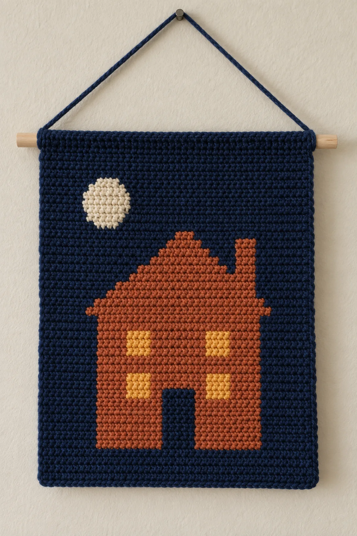 One portrait rectangular midnight-blue single-crochet tapestry wall banner on a wooden dowel, terracotta crooked-roof house silhouette with one narrow chimney on the right, four small amber square windows in two rows, dark central door, small pale round moon in upper left; simple coarse pixelated colorwork, no fringe, full hanging cord visible on plain oatmeal wall