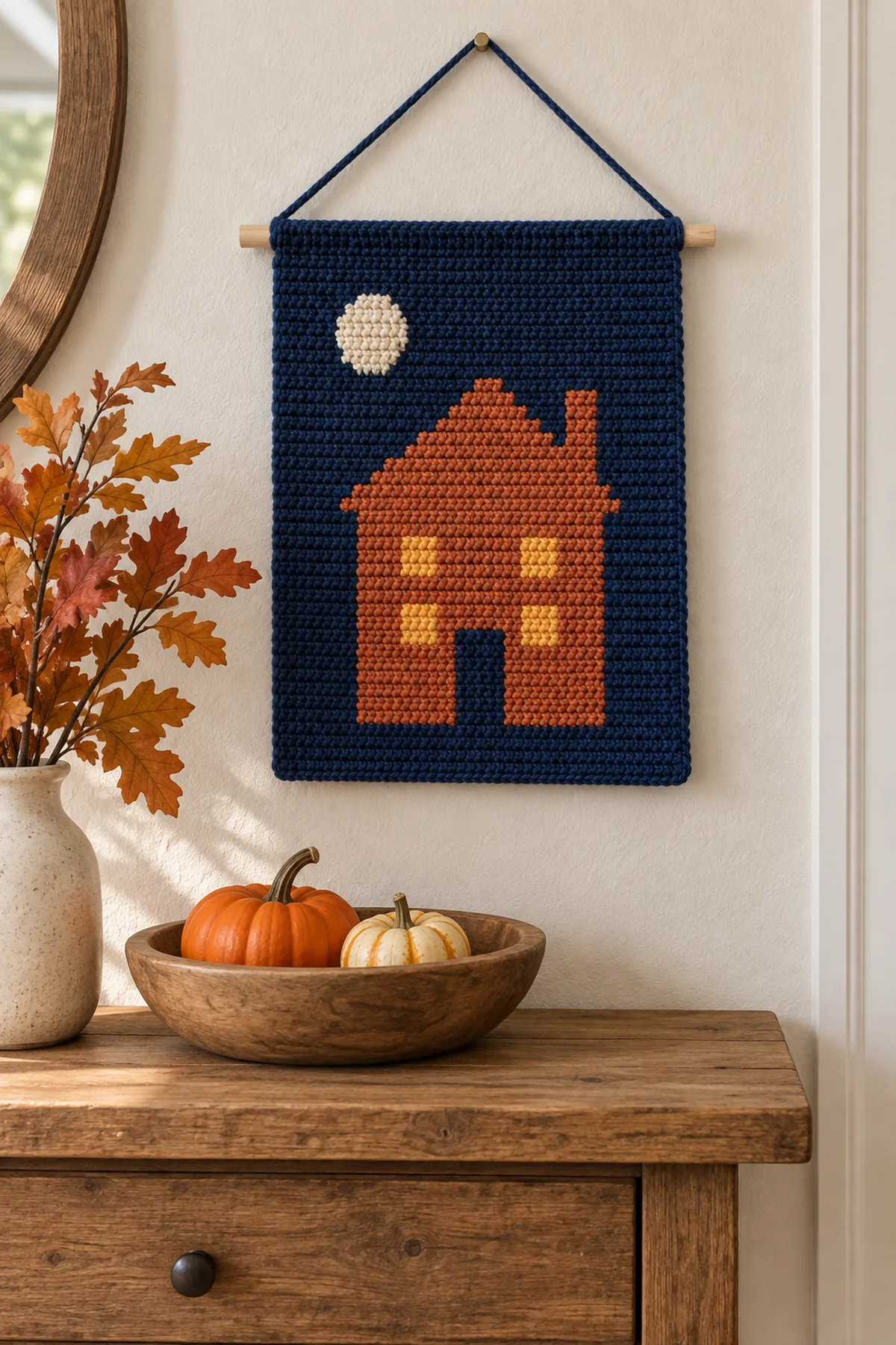 Finished midnight-blue crochet haunted-house wall banner with terracotta crooked-roof house, four amber windows and pale moon hanging on its wooden dowel above a simple autumn entry table, full straight rectangular shape and cord visible, no candles or extra motifs