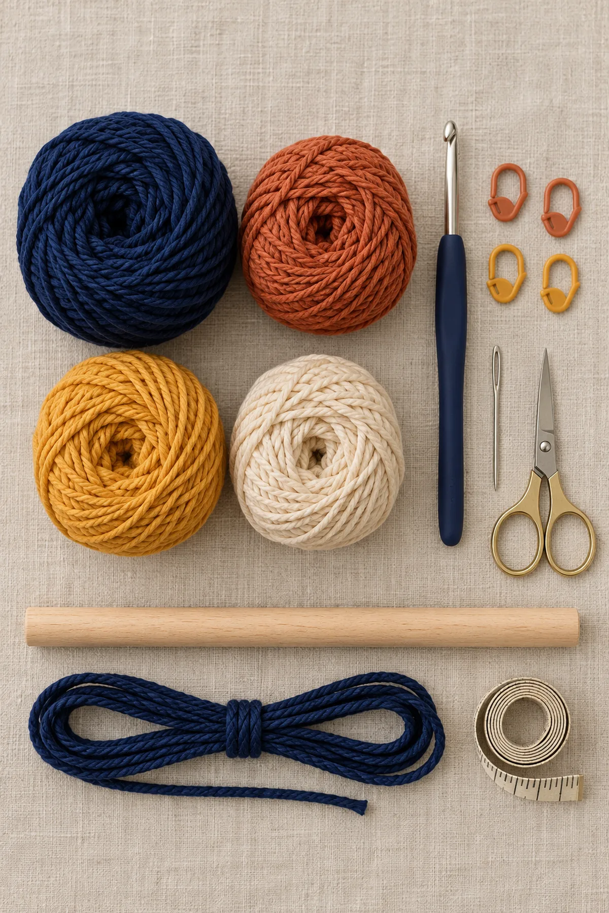 Only midnight-blue, terracotta, amber and pale cream worsted cotton yarn with small bobbins, a 4 mm hook, markers, needle, scissors, tape measure, one short wooden dowel and cotton hanging cord on oatmeal linen; no finished crochet