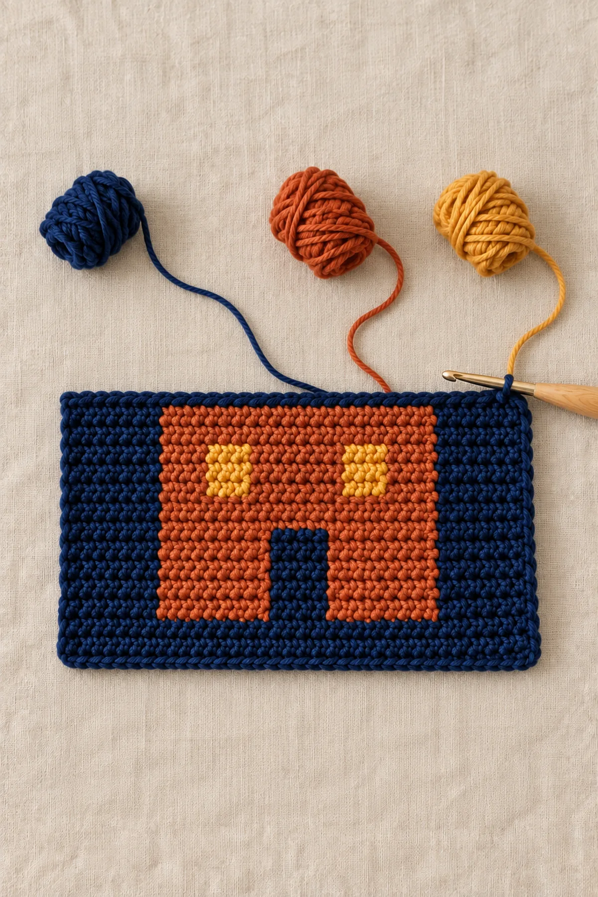 Lower half of a flat midnight-blue single-crochet picture panel still on hook, terracotta house walls with dark central doorway and first two amber windows completed, loose small bobbins at working edge, no roof yet, no moon yet, no dowel; unfinished work in progress