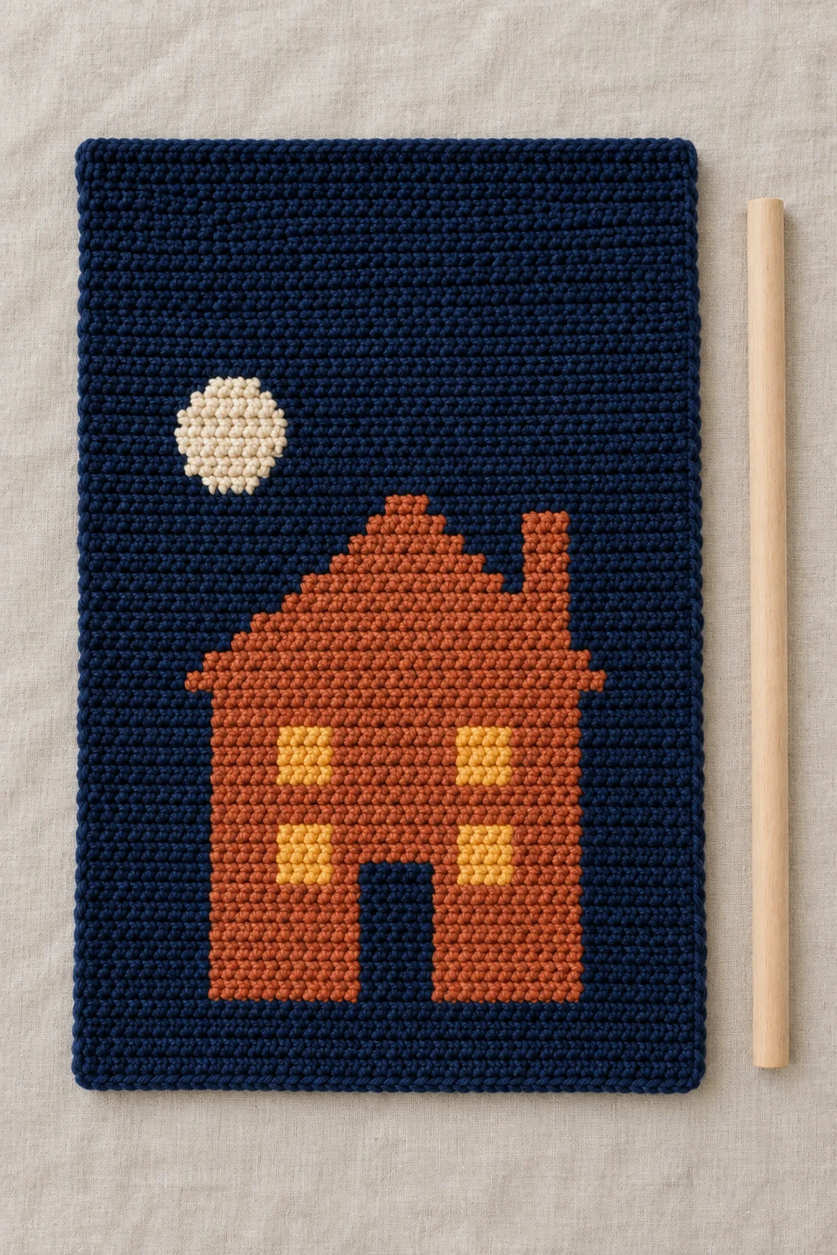 Completed flat rectangular midnight-blue crochet picture panel before sewing, same terracotta crooked house with four amber windows and small pale round moon, plain six-row navy extension above picture, dowel lying separately beside it, no hanging cord attached yet