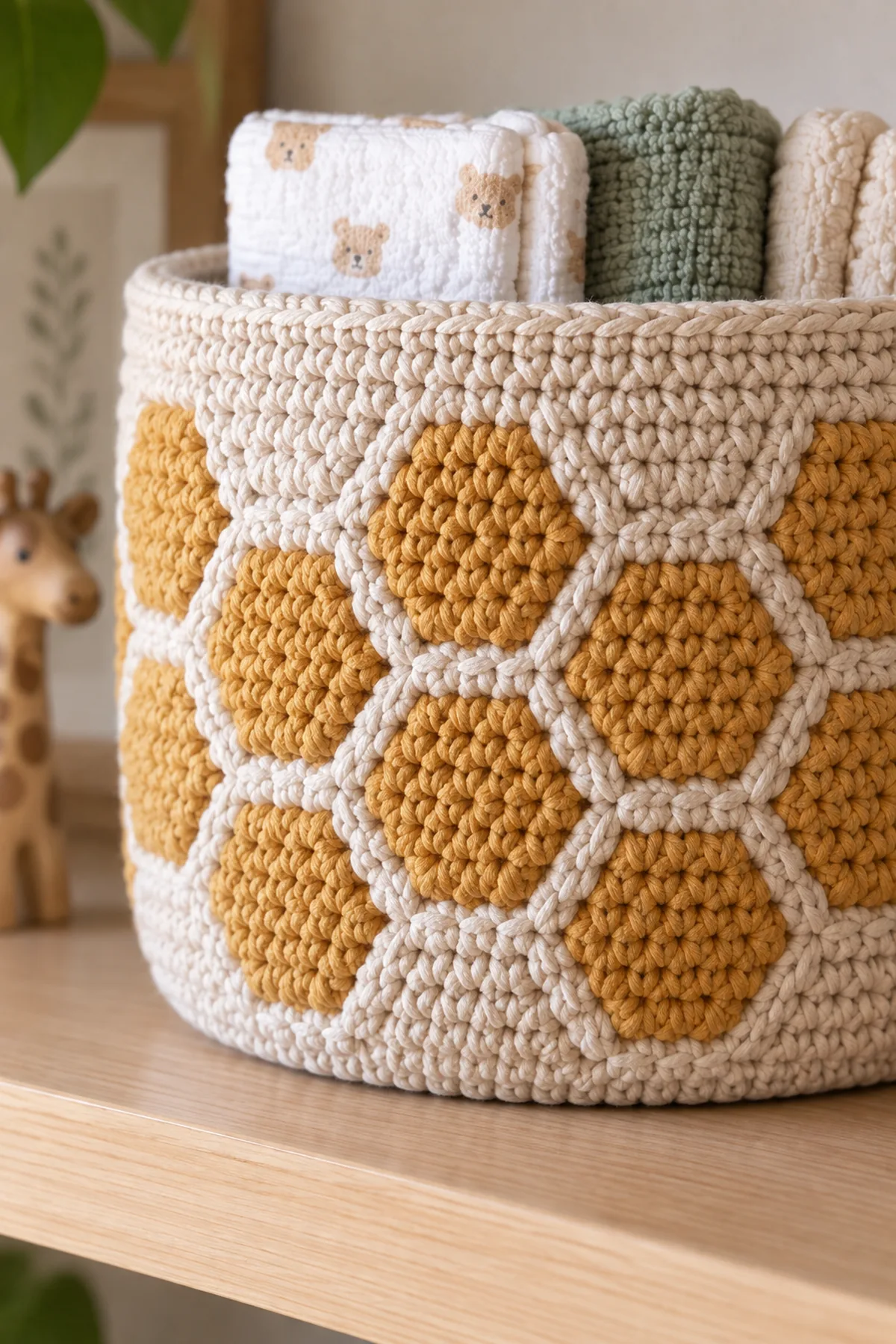 Close-up of the stitch texture and securely finished details on crochet honeycomb nursery basket