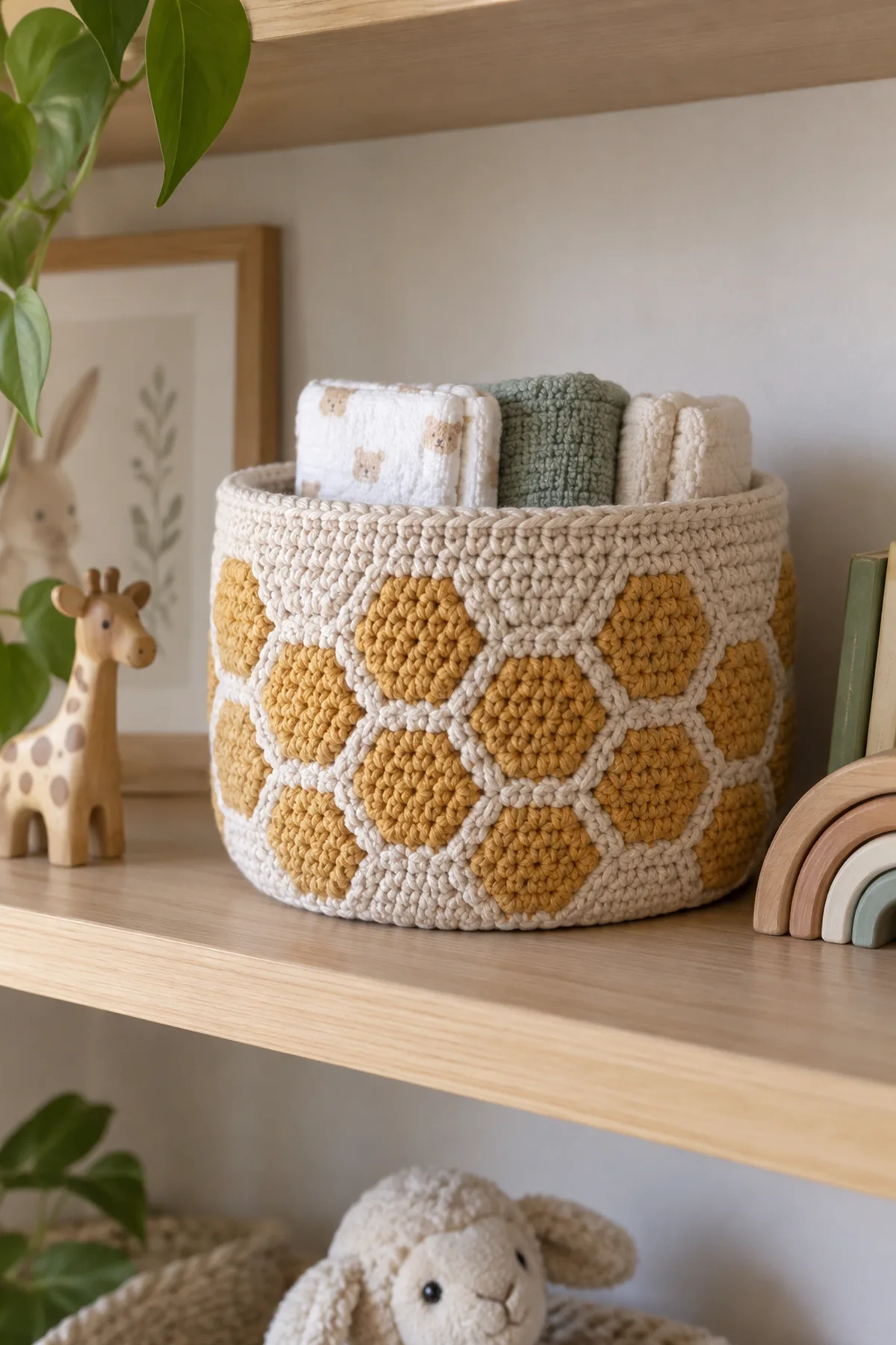 Finished crochet honeycomb nursery basket in soft cream and sage yarn on a neutral nursery surface