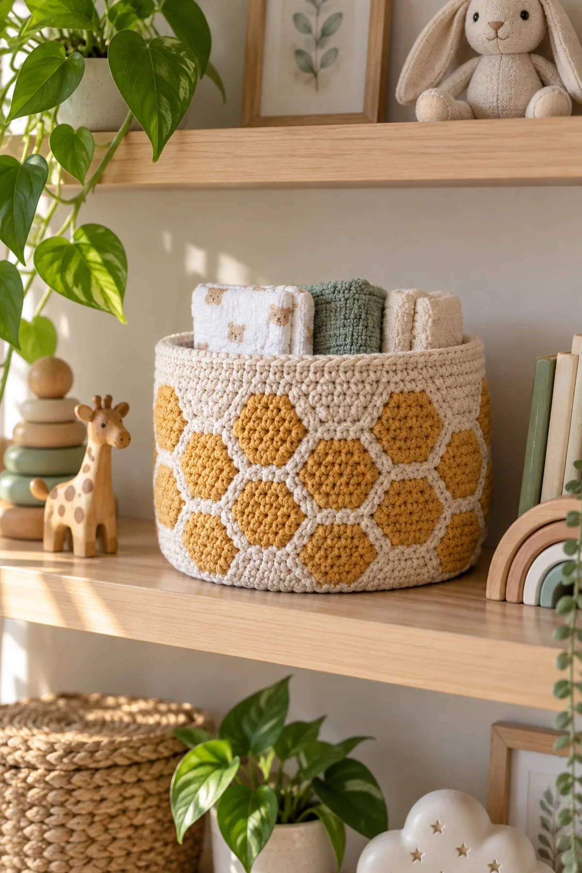 Finished crochet honeycomb nursery basket styled in a calm bright nursery setting without a baby present