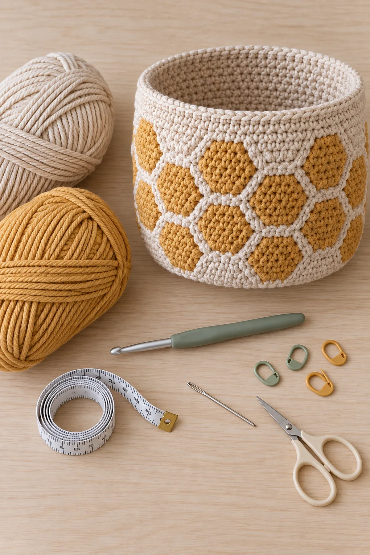 Baby-friendly yarn, crochet hook, stitch markers, tape measure, yarn needle, and scissors for crochet honeycomb nursery basket