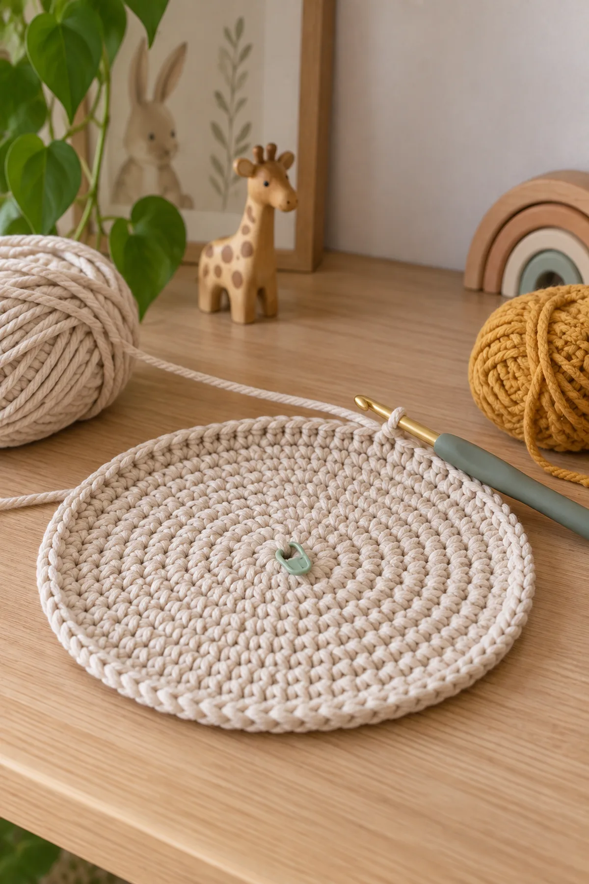 Early counted crochet stage of crochet honeycomb nursery basket with matching yarn and hook