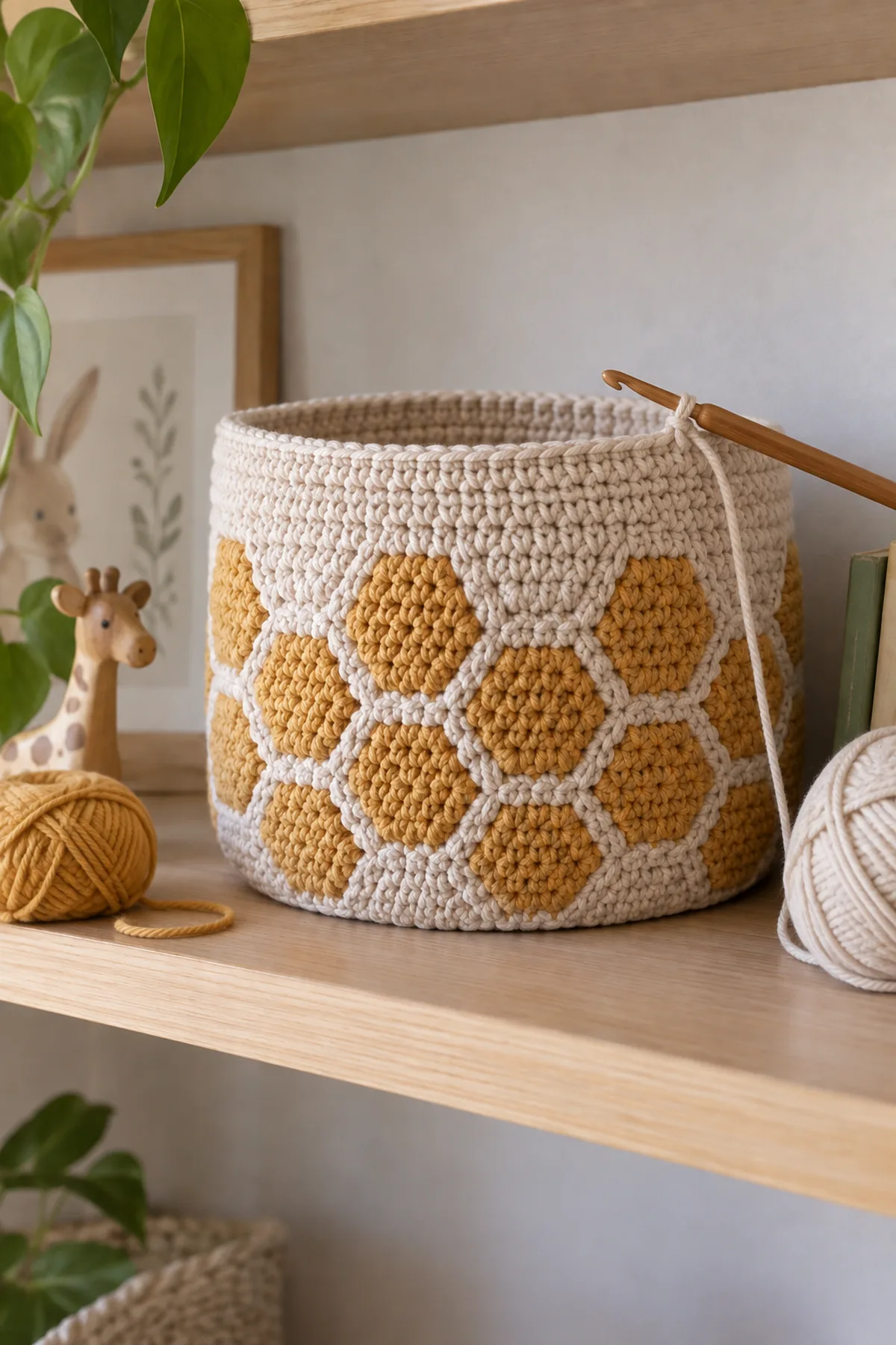 Mid-process construction of crochet honeycomb nursery basket showing the established shape