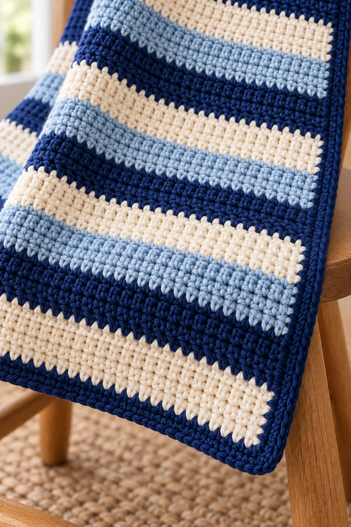Close view of even half-double-crochet shoreline stripes and neat indigo three-stitch border corner